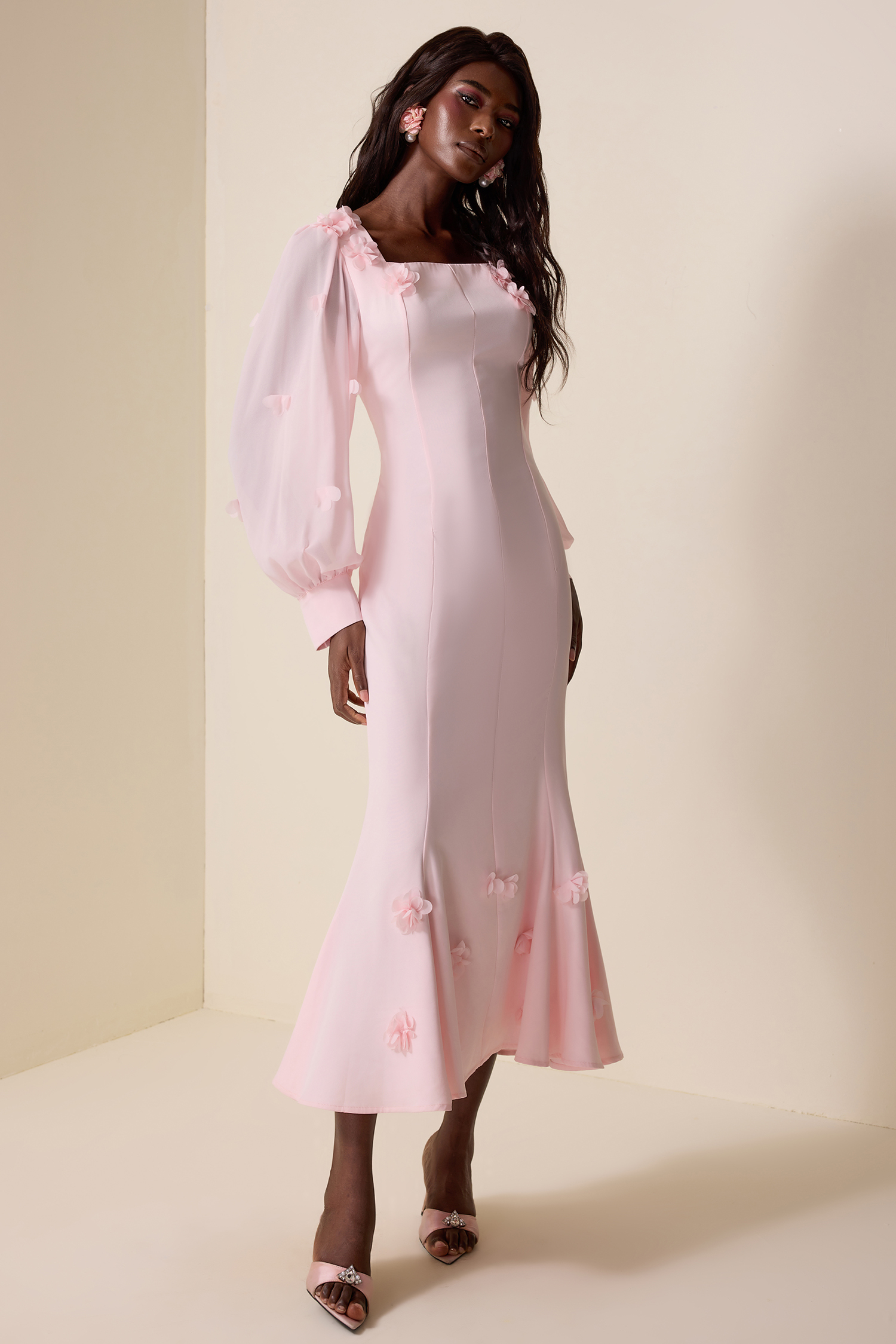 3D Flower Square Collar Lantern Sleeve Maxi Dress