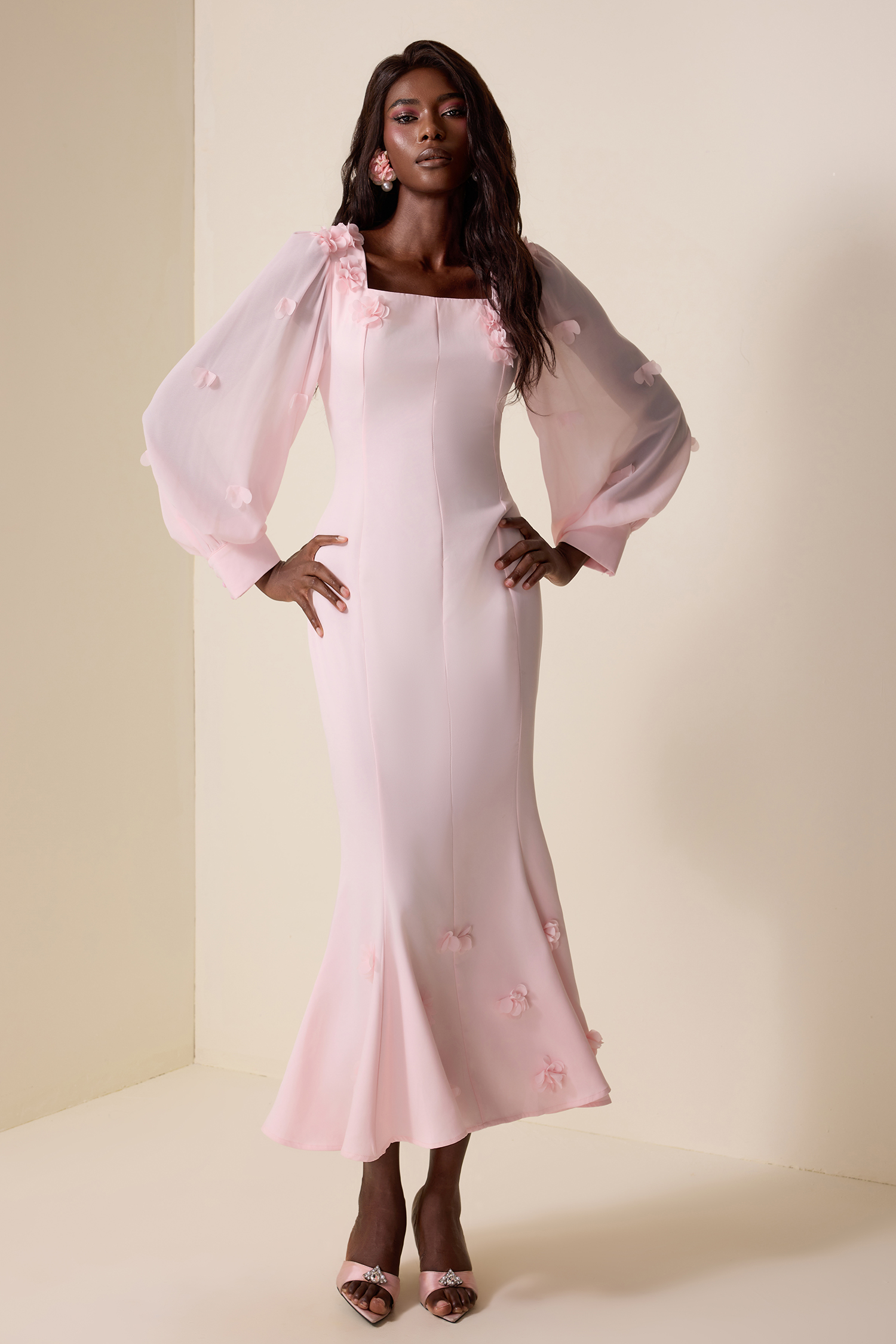 3D Flower Square Collar Lantern Sleeve Maxi Dress