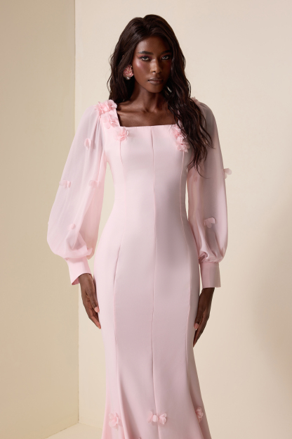3D Flower Square Collar Lantern Sleeve Maxi Dress