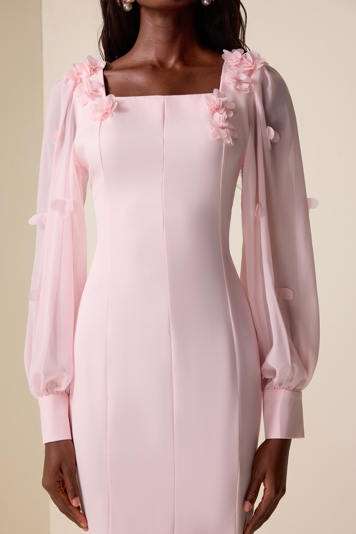 3D Flower Square Collar Lantern Sleeve Maxi Dress