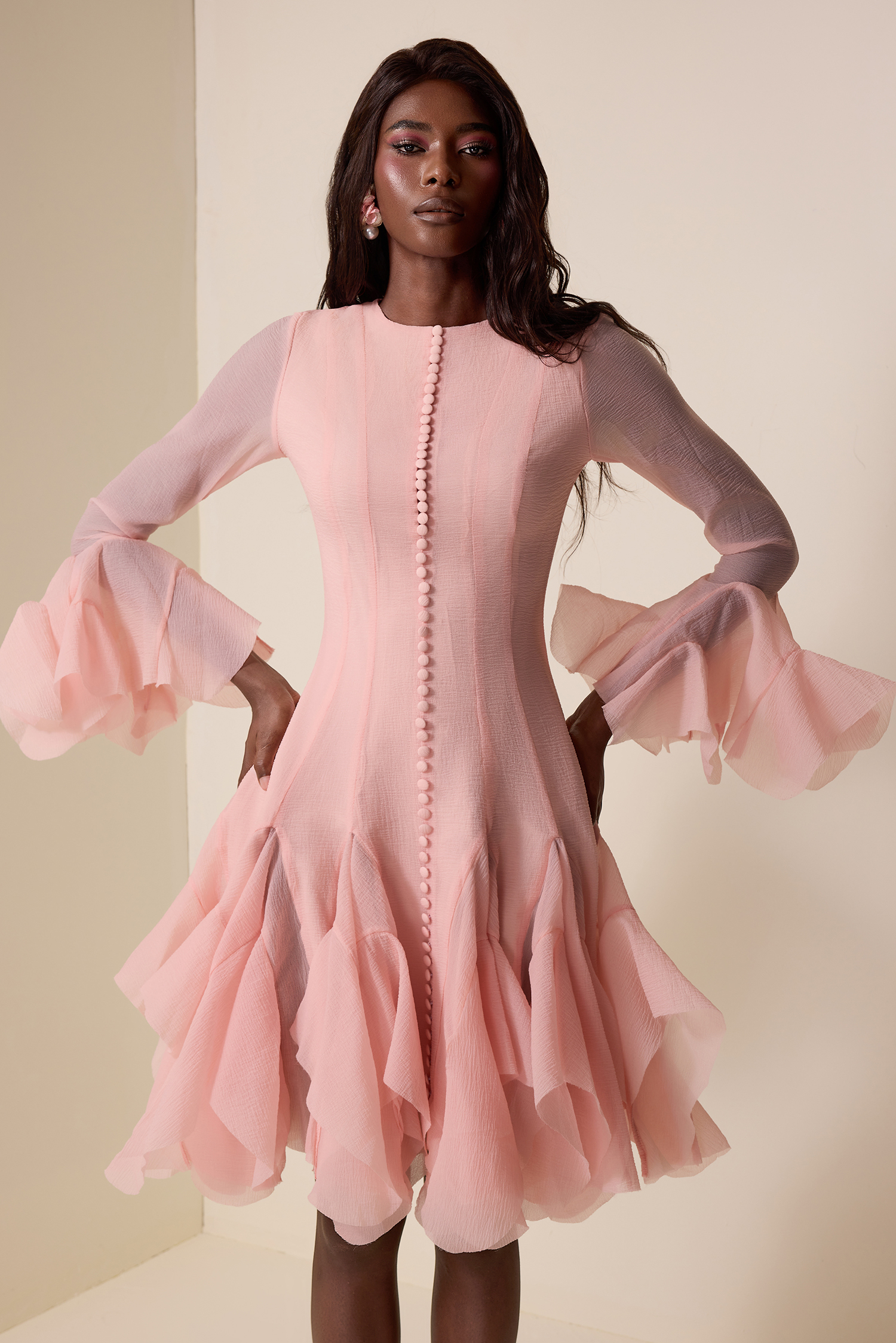 Solid Ruffle Bell Sleeve Midi Dress