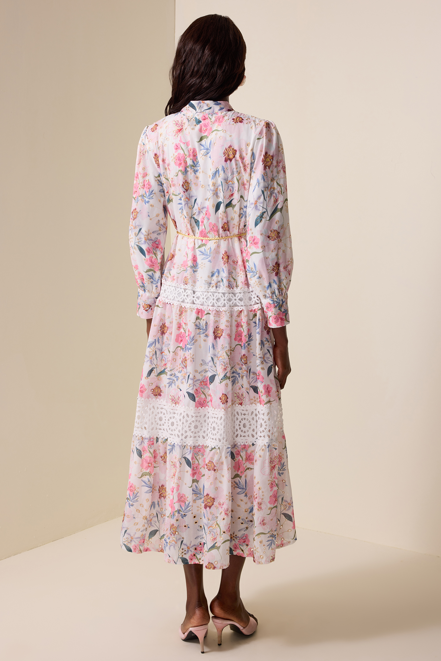 Floral Lace Splicing Lantern Sleeve Midi Dress