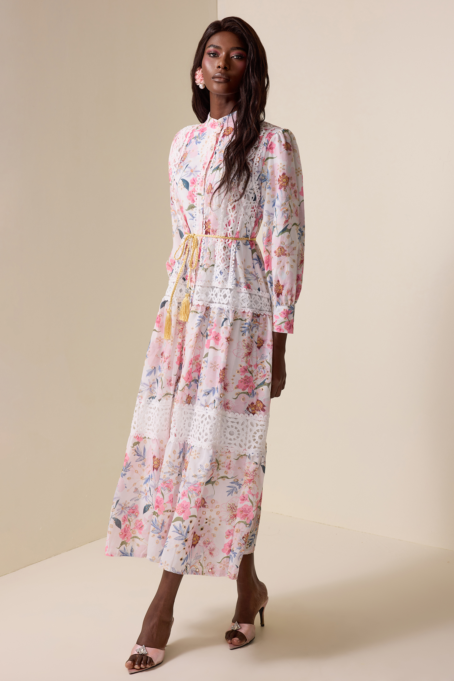 Floral Lace Splicing Lantern Sleeve Midi Dress