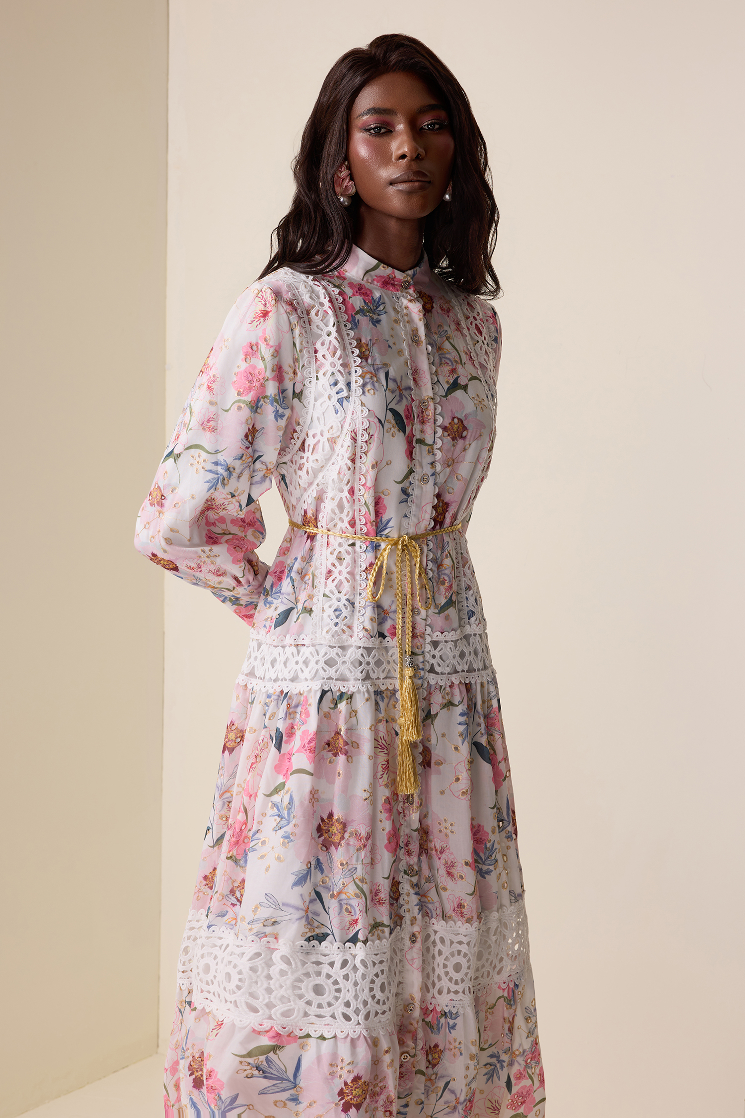 Floral Lace Splicing Lantern Sleeve Midi Dress