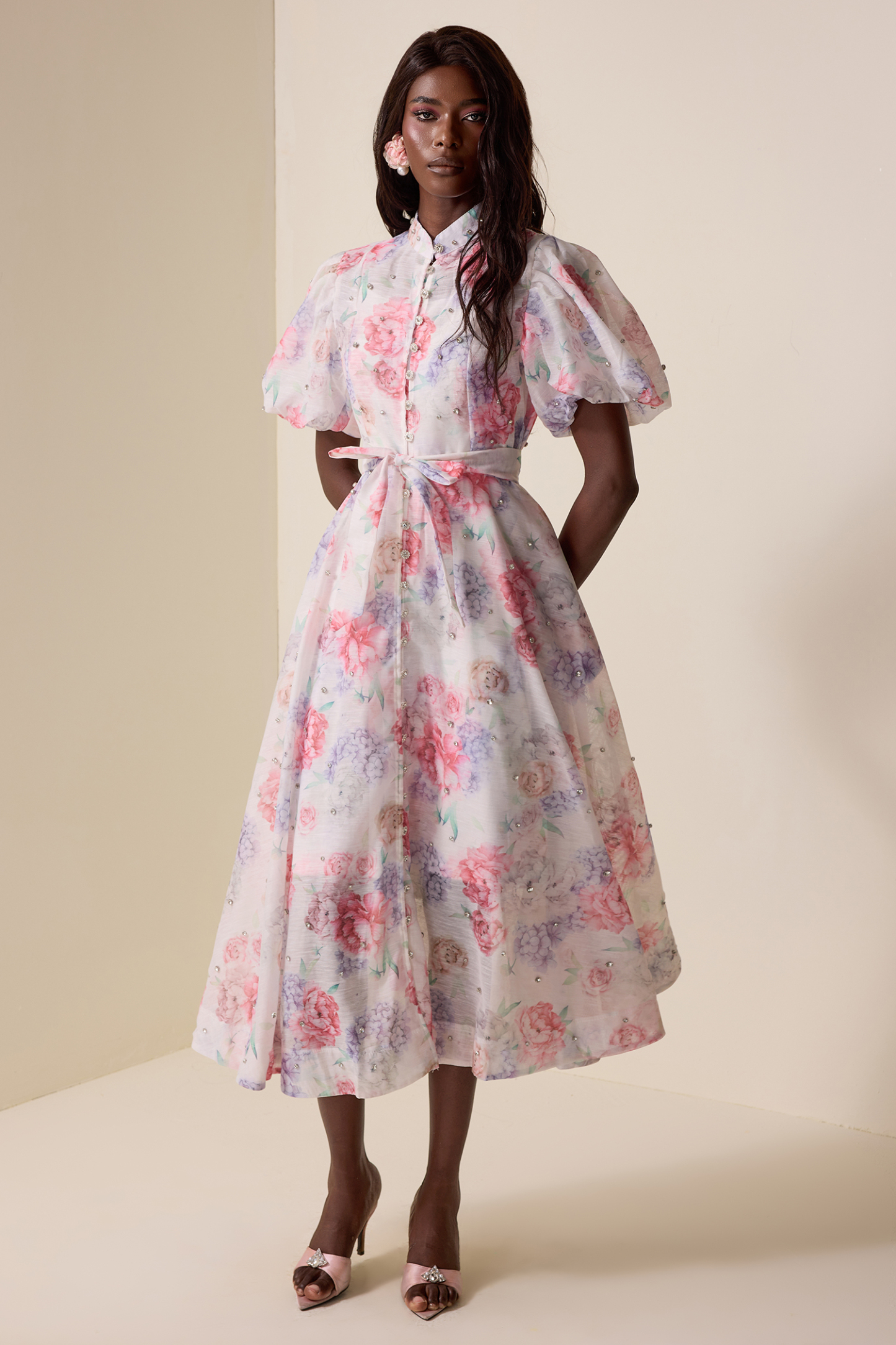 Floral Puff Sleeve Lace-Up Midi Dress