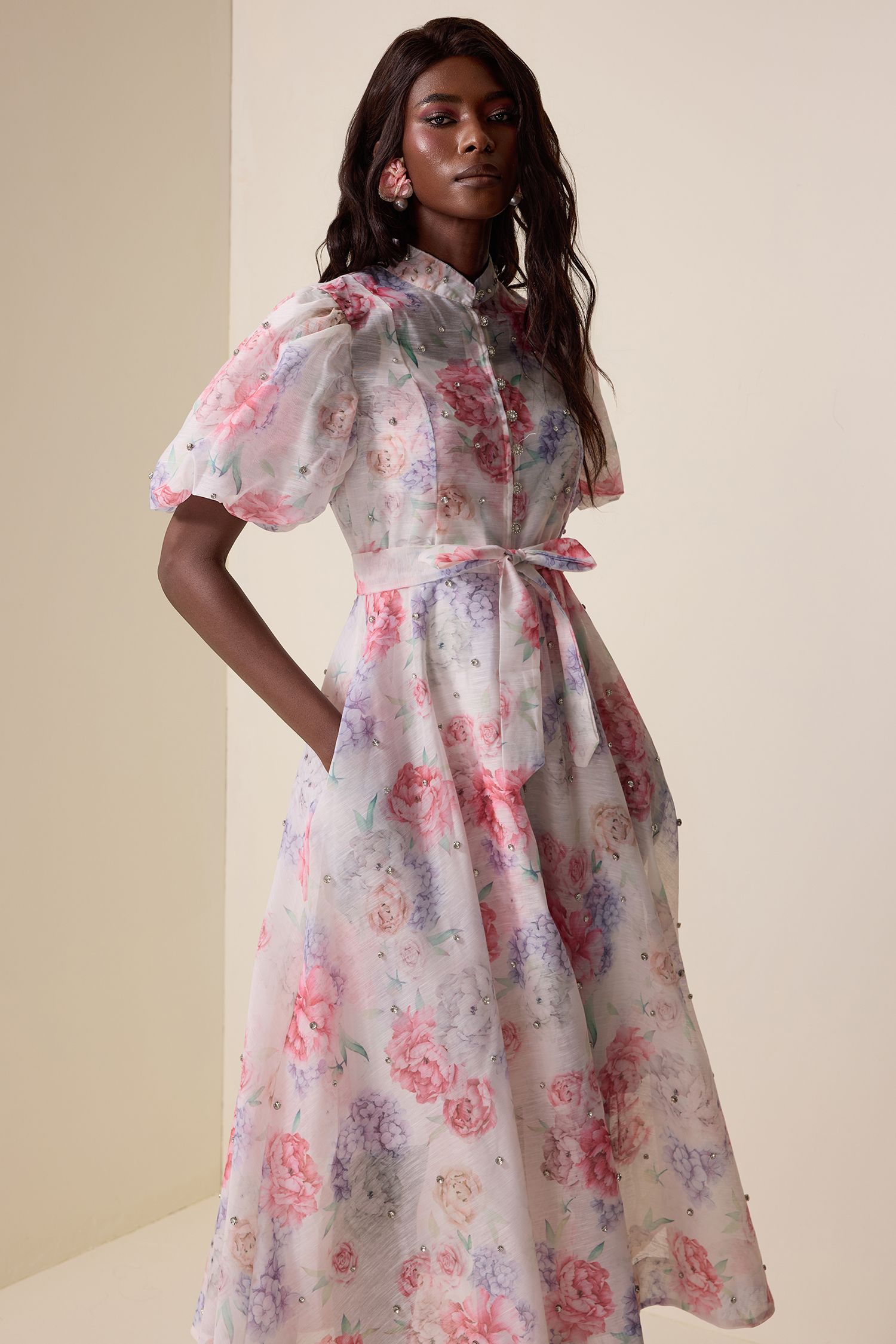 Floral Puff Sleeve Lace-Up Midi Dress