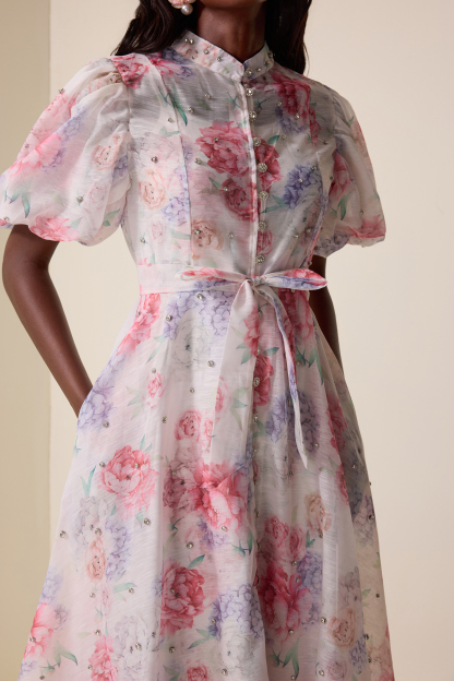 Floral Puff Sleeve Lace-Up Midi Dress