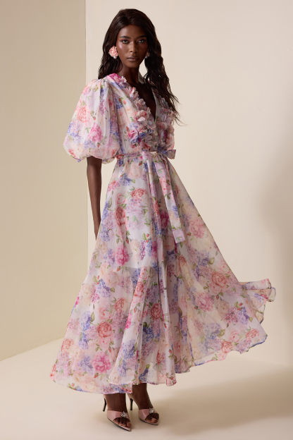Floral V-Neck Lantern Sleeve Midi Dress