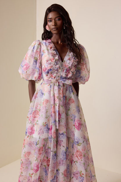 Floral V-Neck Lantern Sleeve Midi Dress