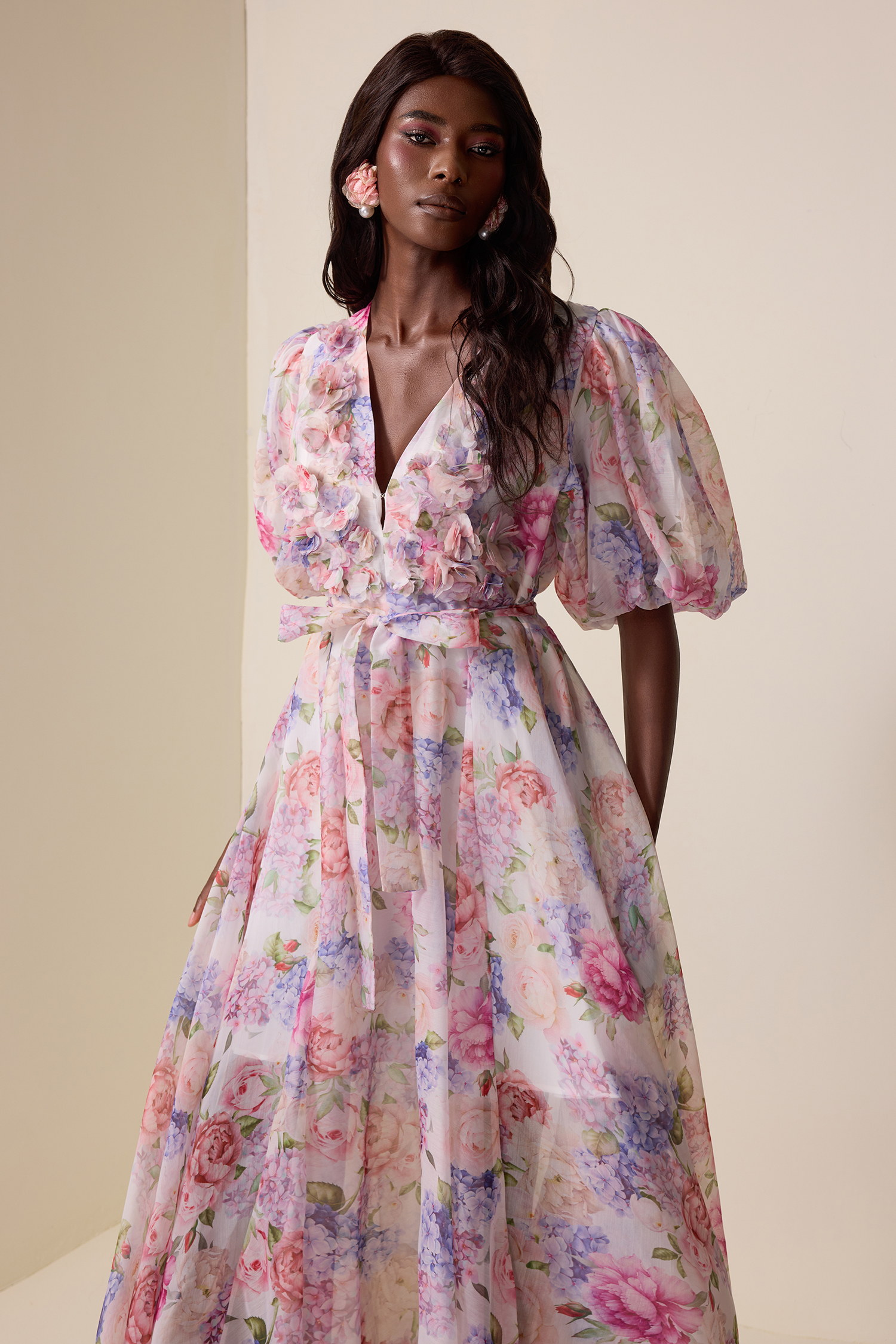 Floral V-Neck Lantern Sleeve Midi Dress