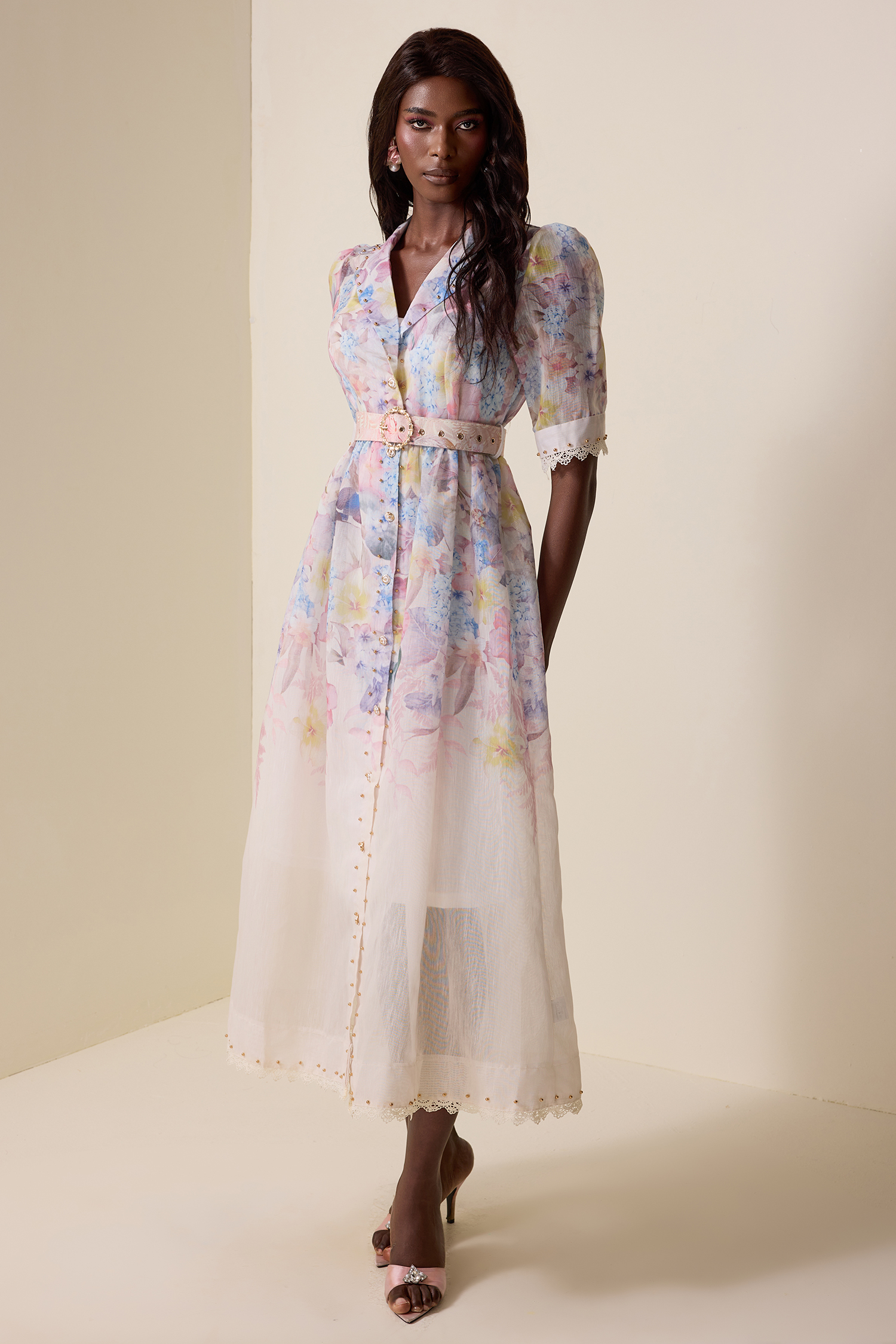 Floral Lace Metal Button Midi Dress