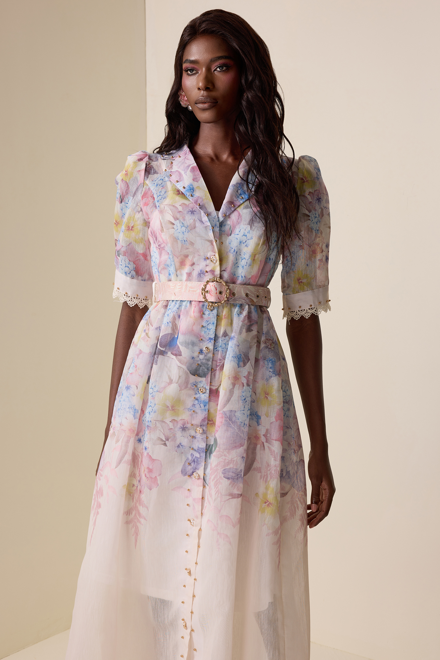 Floral Lace Metal Button Midi Dress