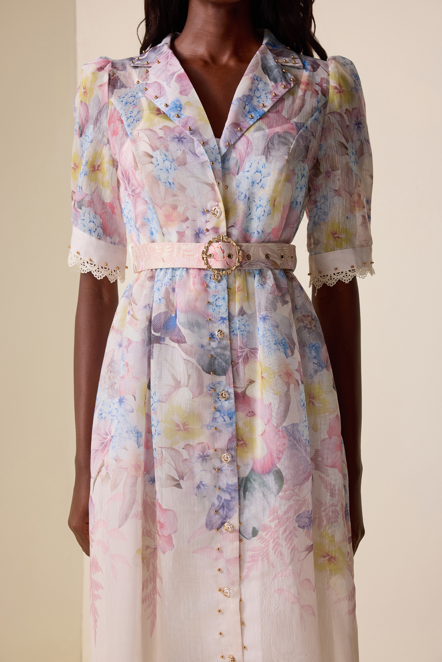 Floral Lace Metal Button Midi Dress