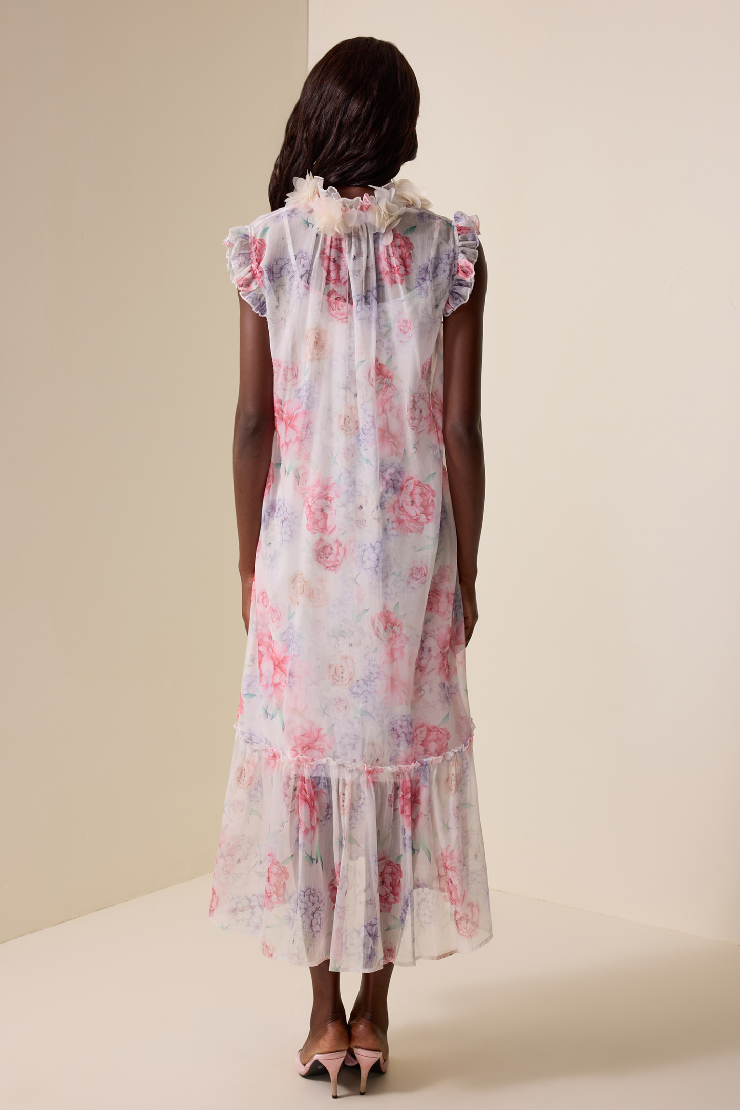 Floral Ruffle Lace-Up Midi Dress