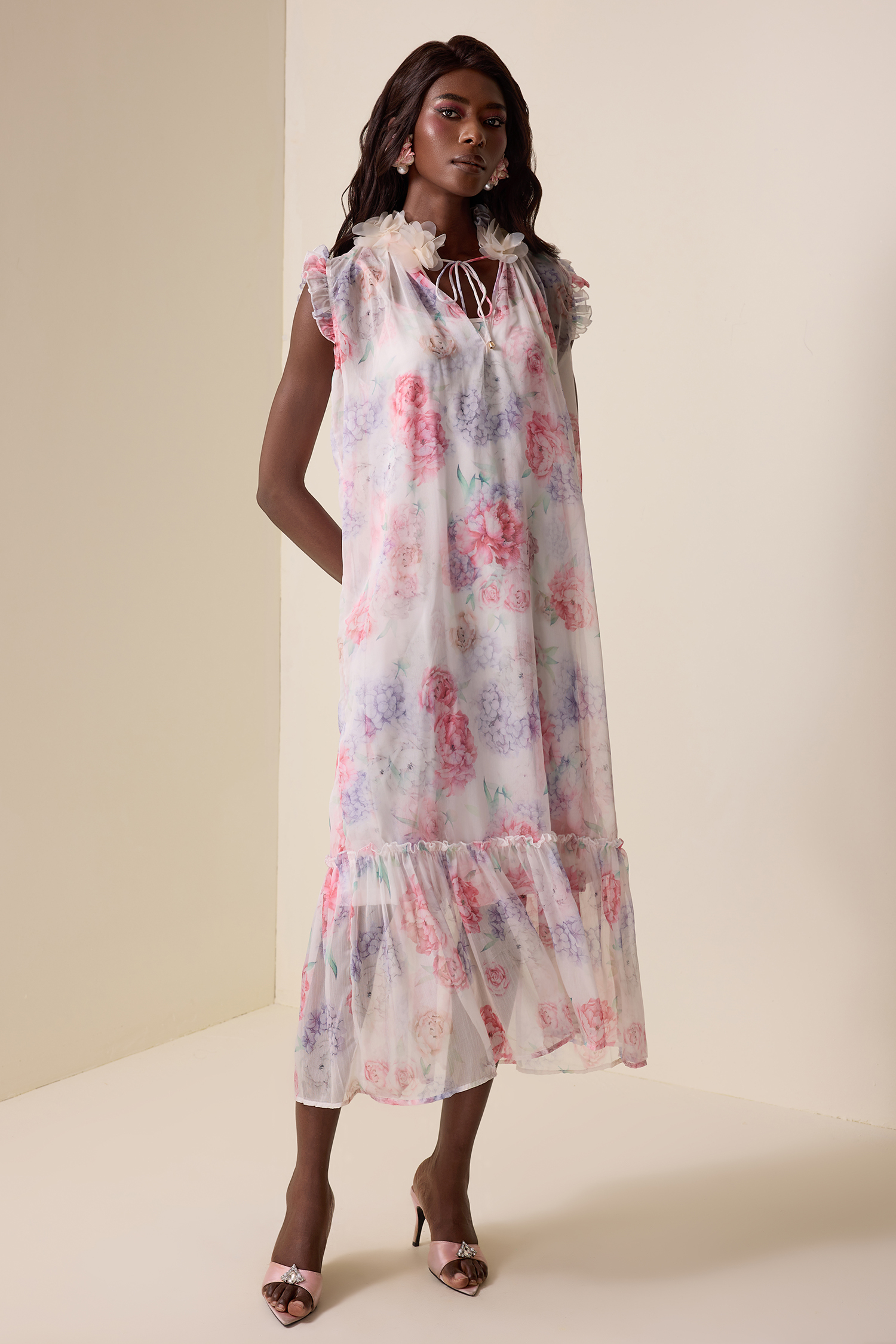 Floral Ruffle Lace-Up Midi Dress