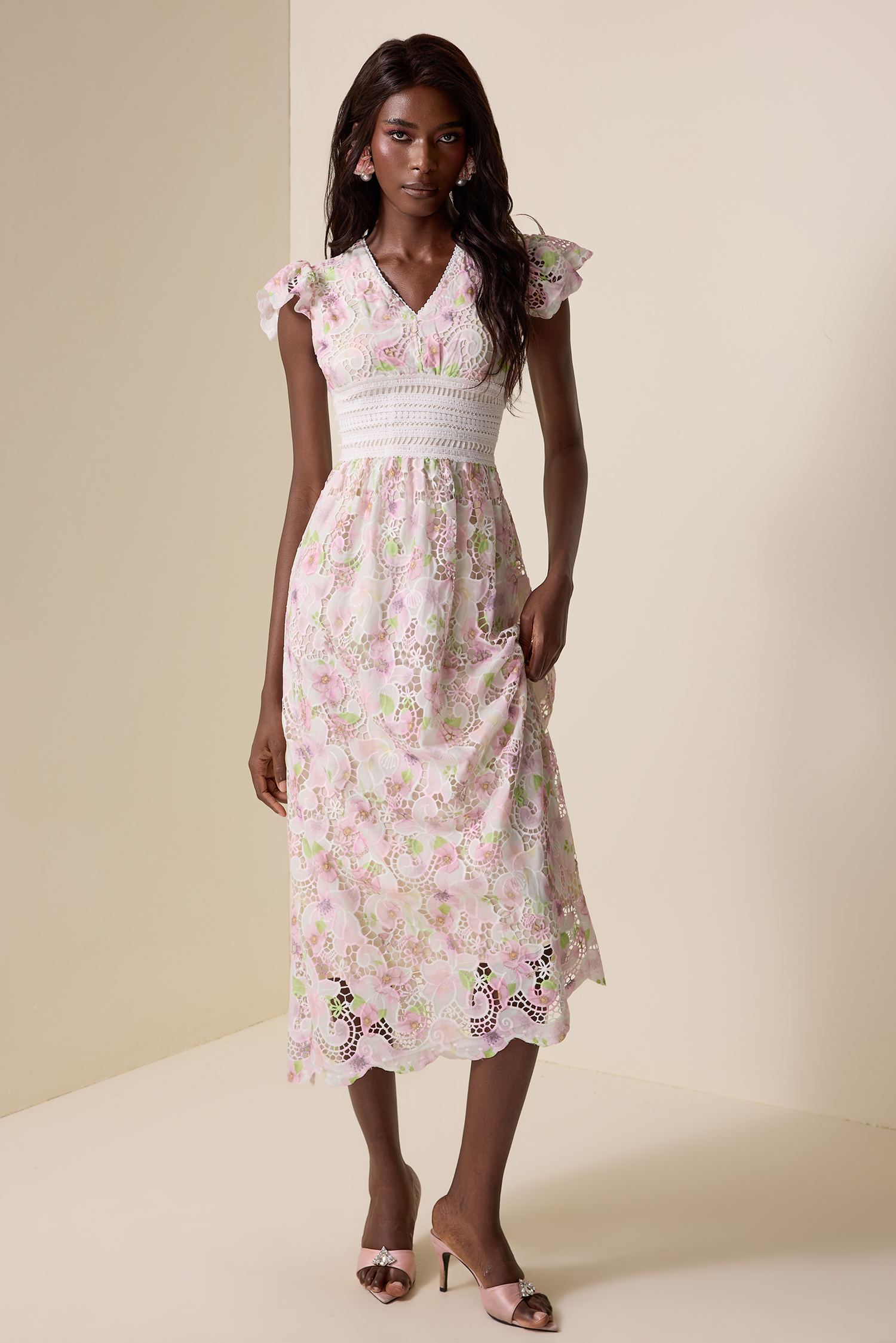 Lace Floral V-Neck Midi Dress