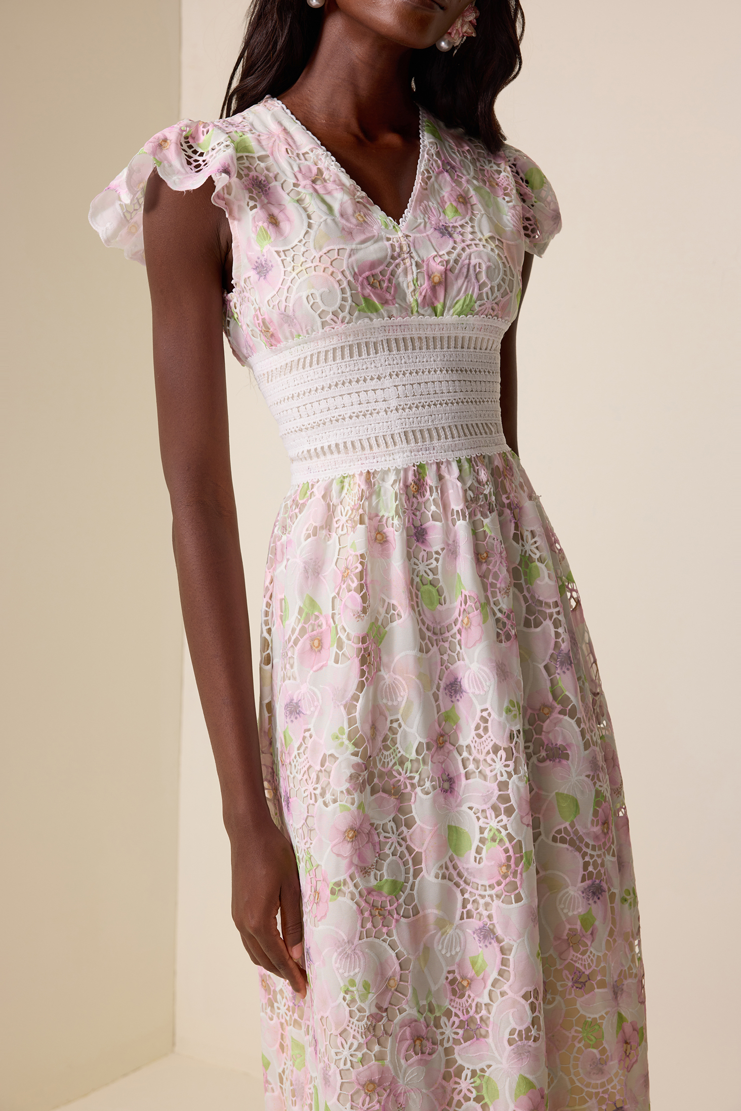 Lace Floral V-Neck Midi Dress