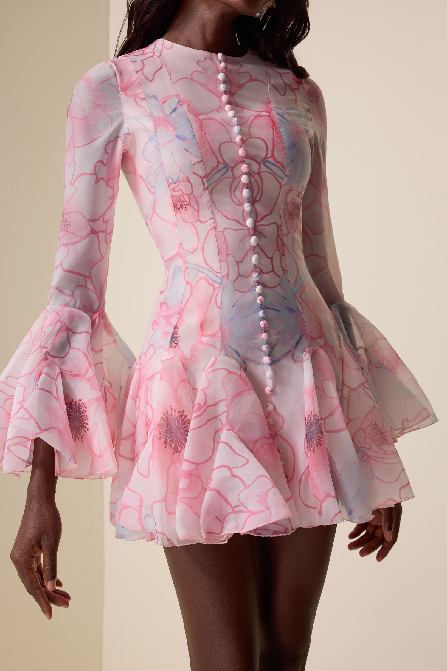 Floral Single Breasted Long Sleeve Mini Dress