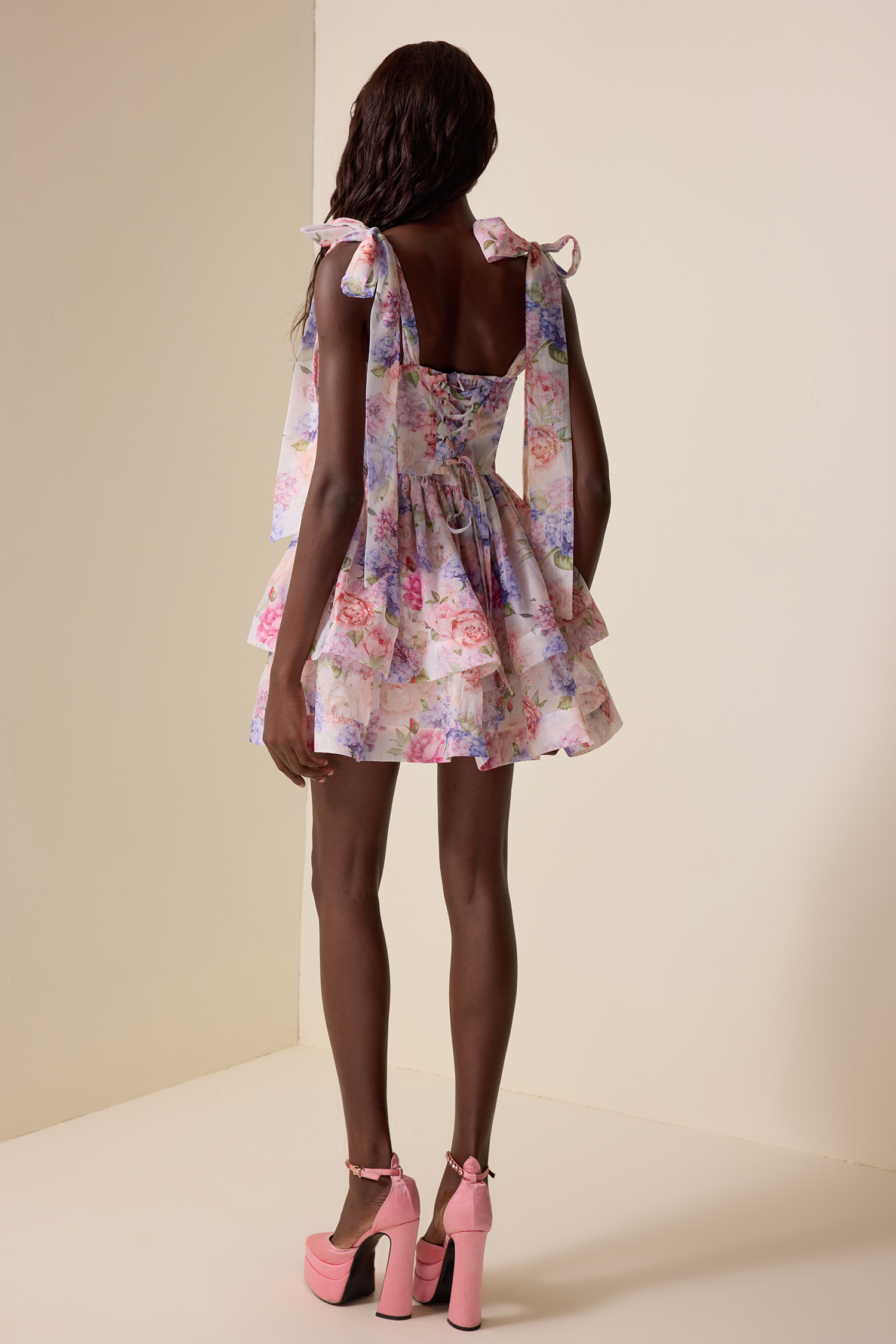 Floral Lace-Up Ruffle Mini Dress