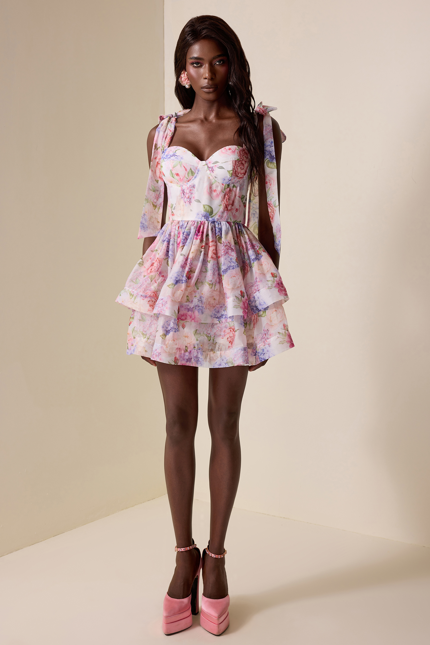 Floral Lace-Up Ruffle Mini Dress