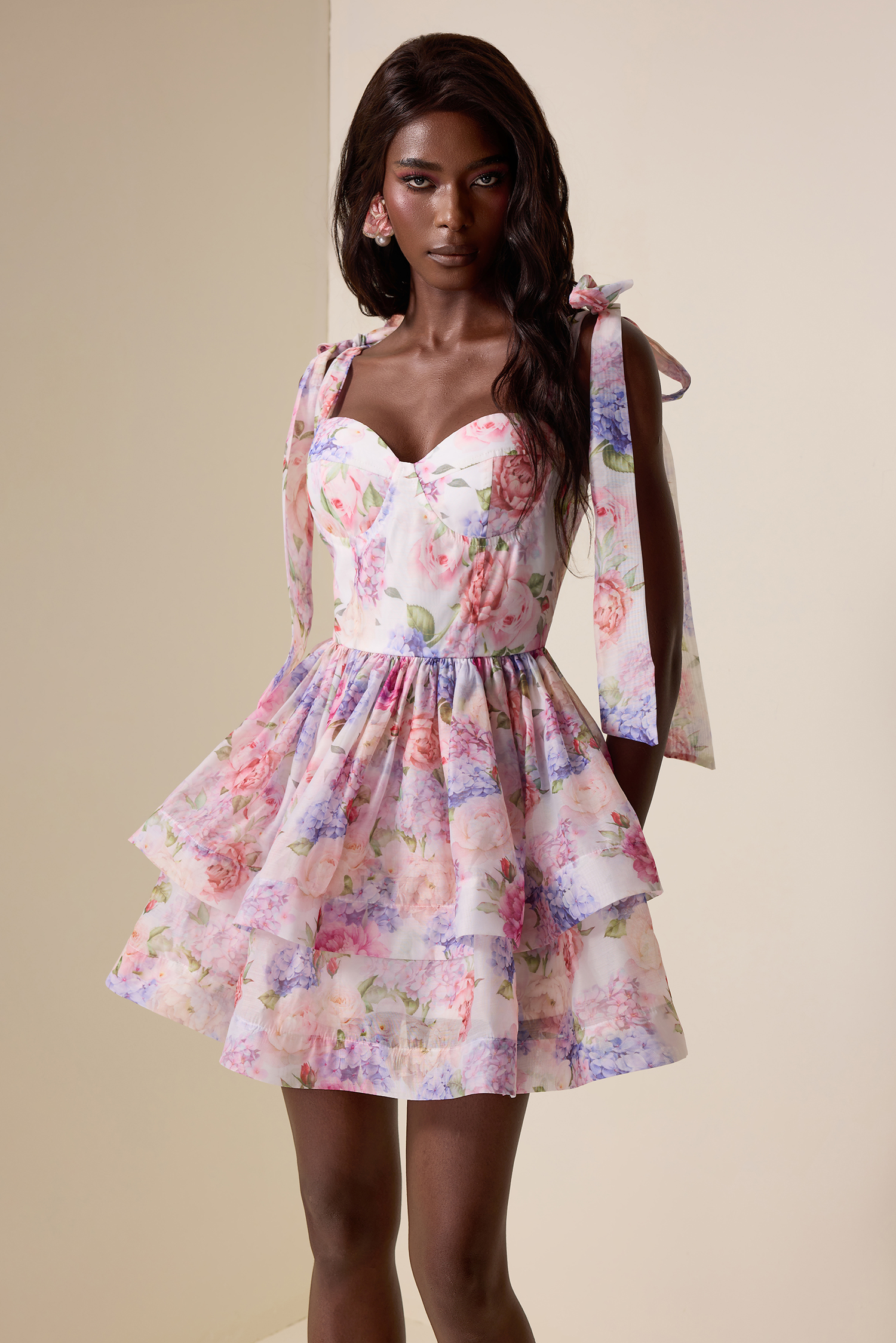 Floral Lace-Up Ruffle Mini Dress