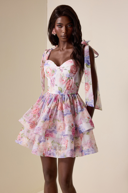 Floral Lace-Up Ruffle Mini Dress