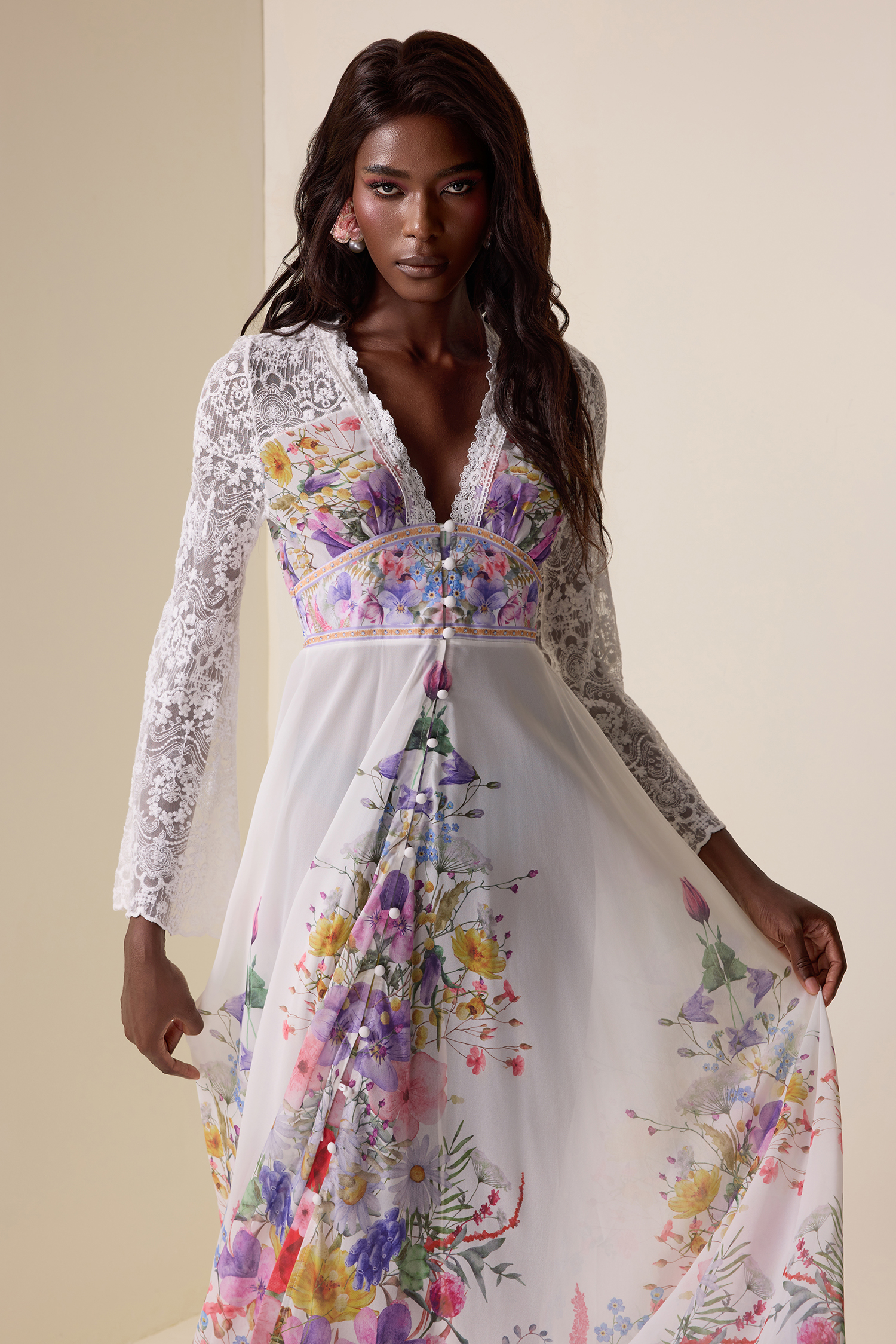 Lace Floral V-Neck Midi Dress
