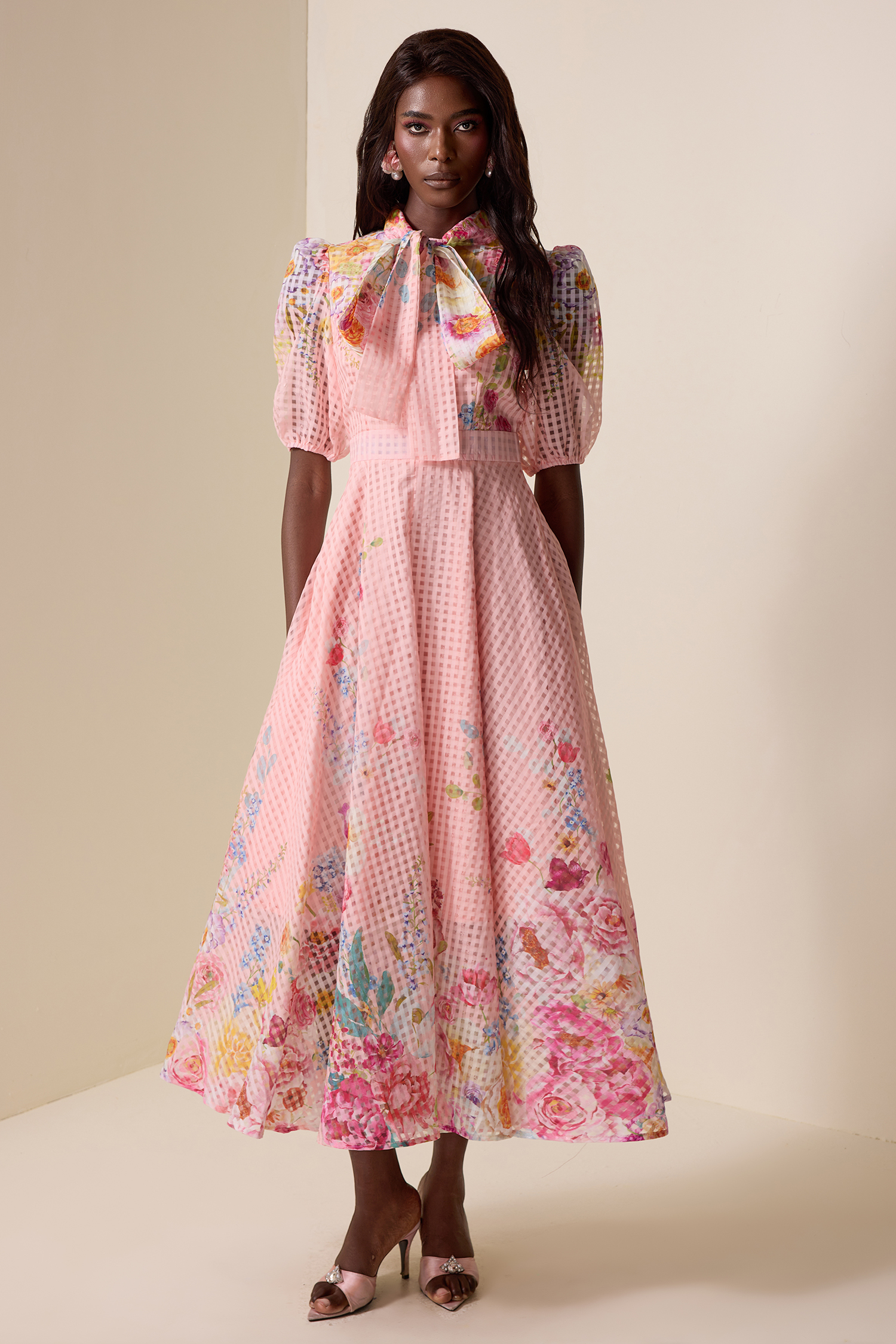 Floral Lace-Up Puff Sleeve Midi Dress