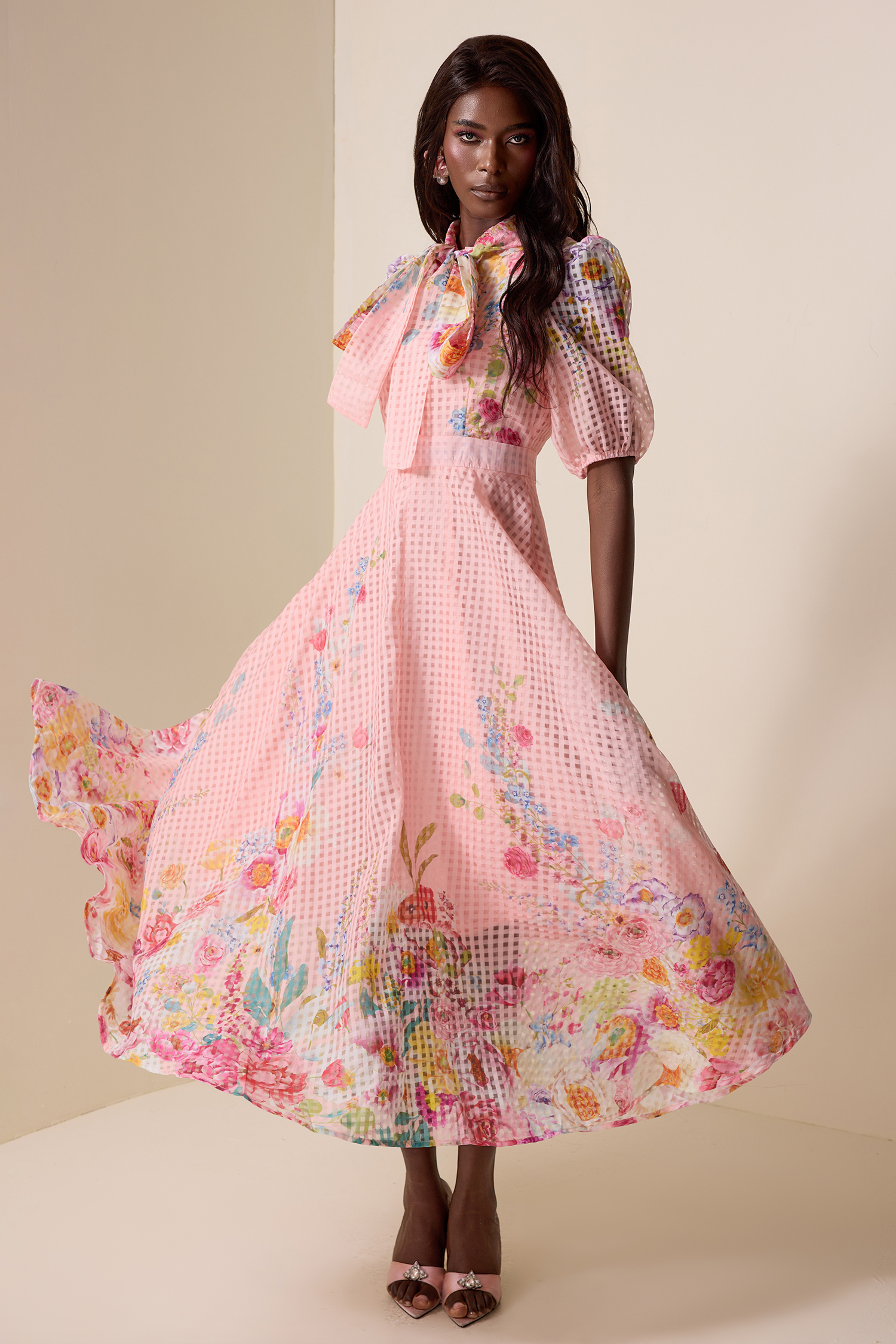 Floral Lace-Up Puff Sleeve Midi Dress