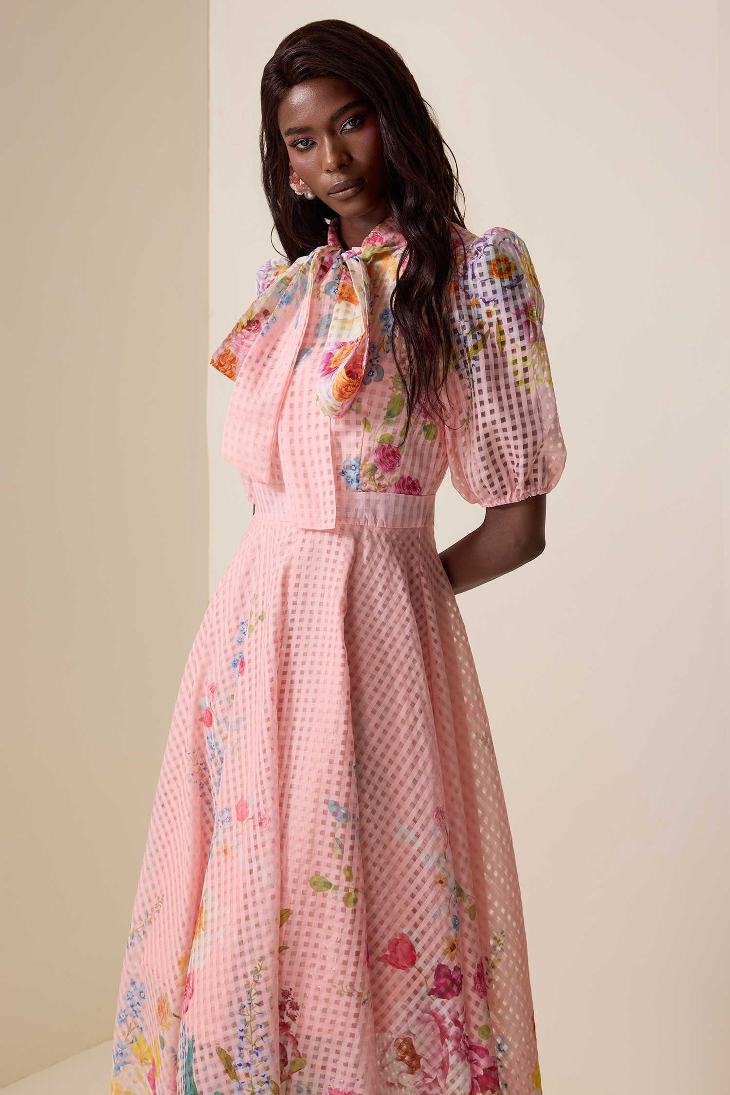 Floral Lace-Up Puff Sleeve Midi Dress