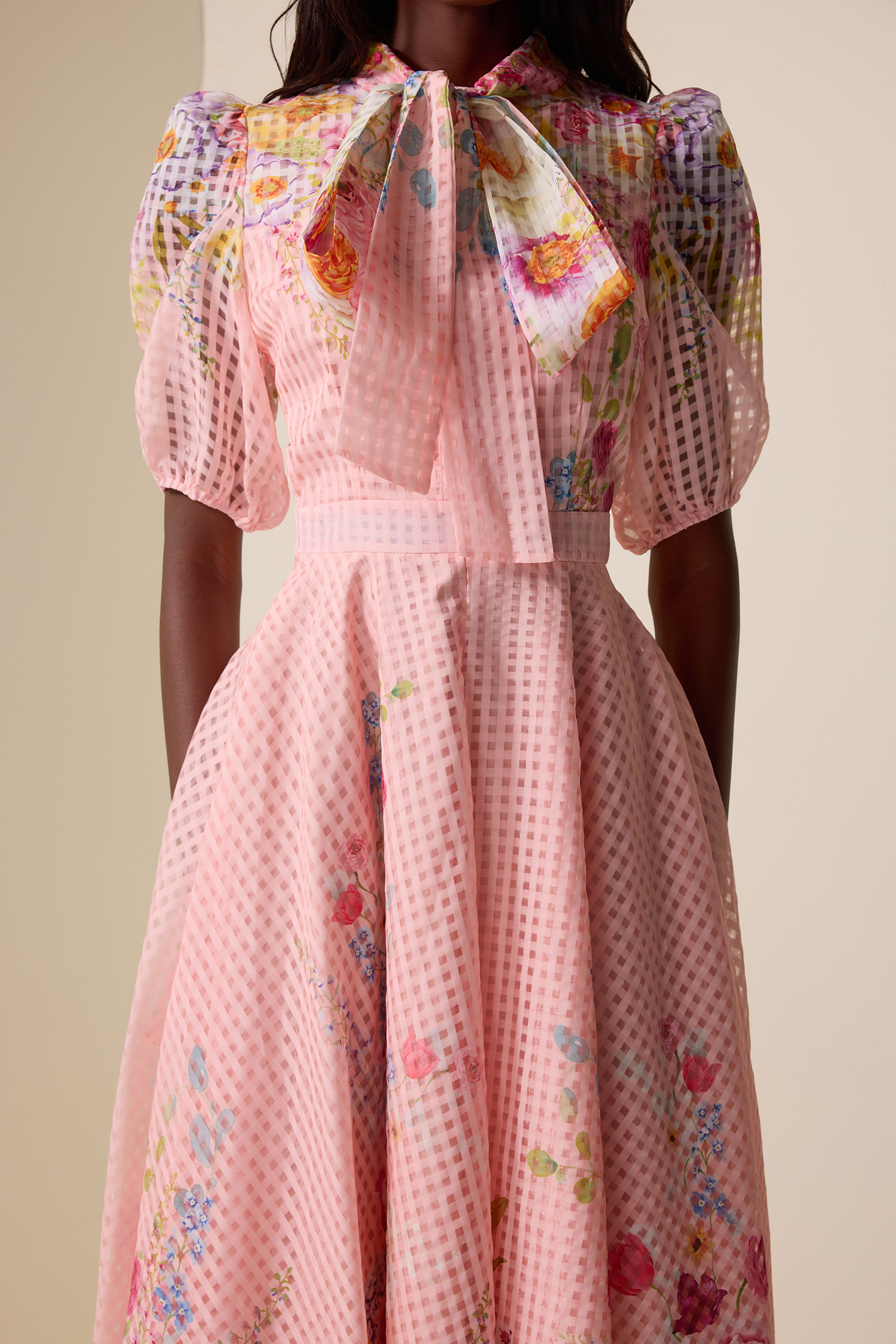 Floral Lace-Up Puff Sleeve Midi Dress