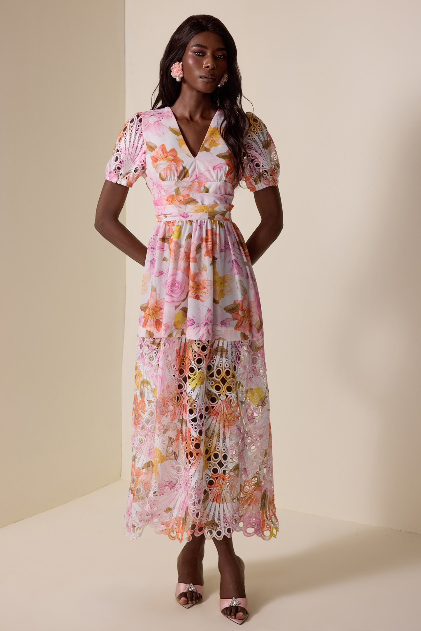 Floral Lace V-Neck Midi Dress