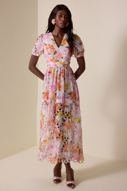 Floral Lace V-Neck Midi Dress