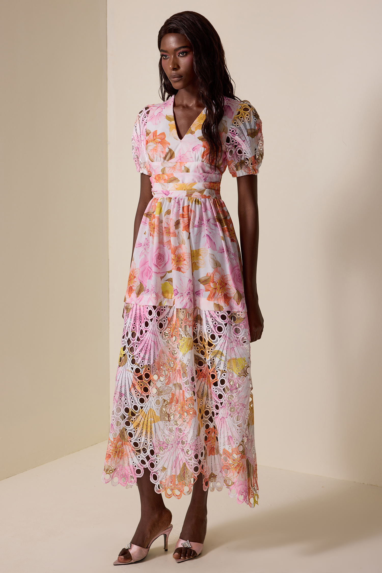 Floral Lace V-Neck Midi Dress