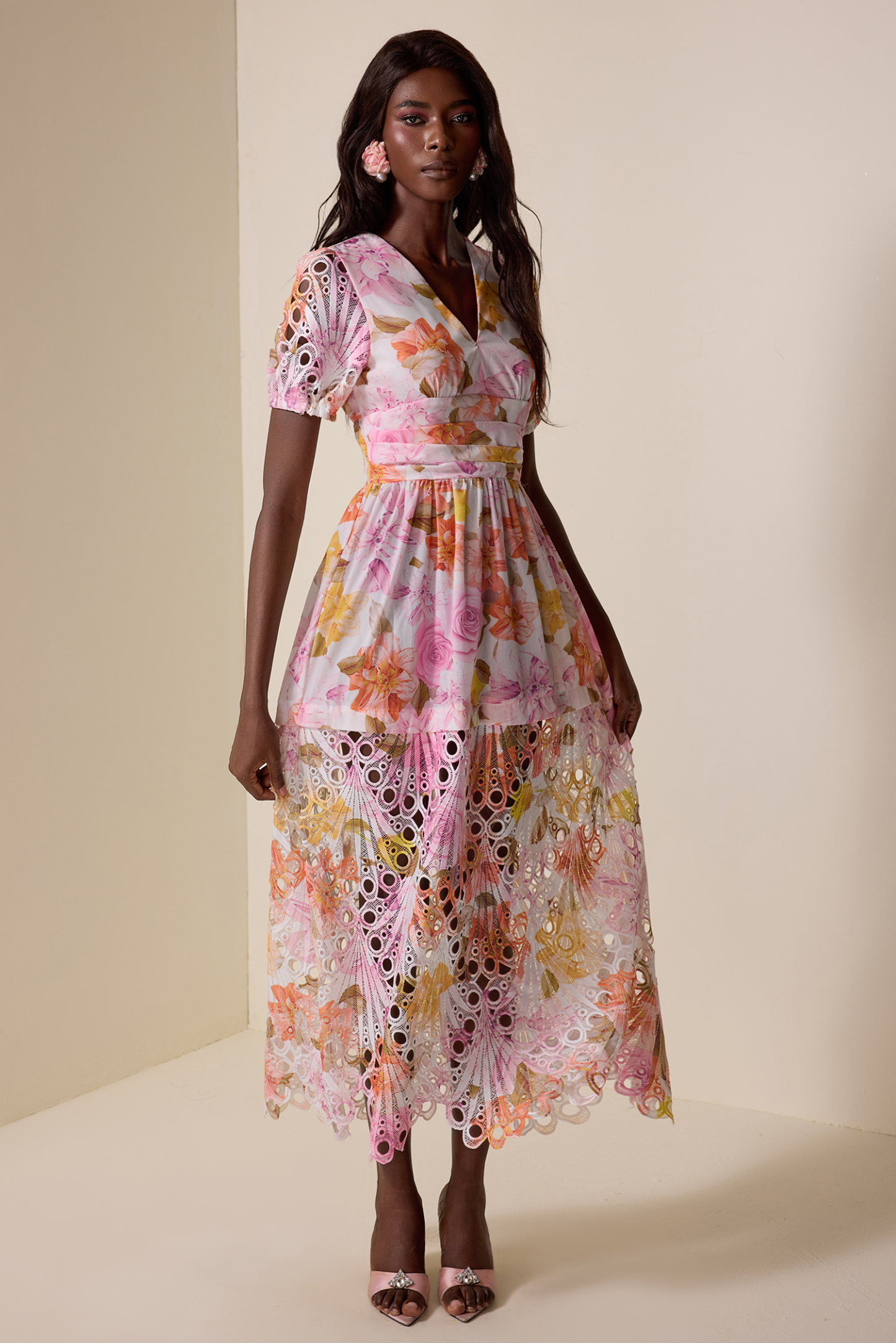 Floral Lace V-Neck Midi Dress