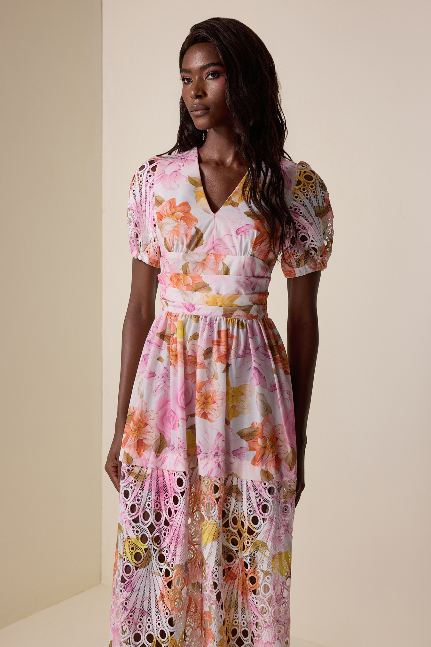 Floral Lace V-Neck Midi Dress