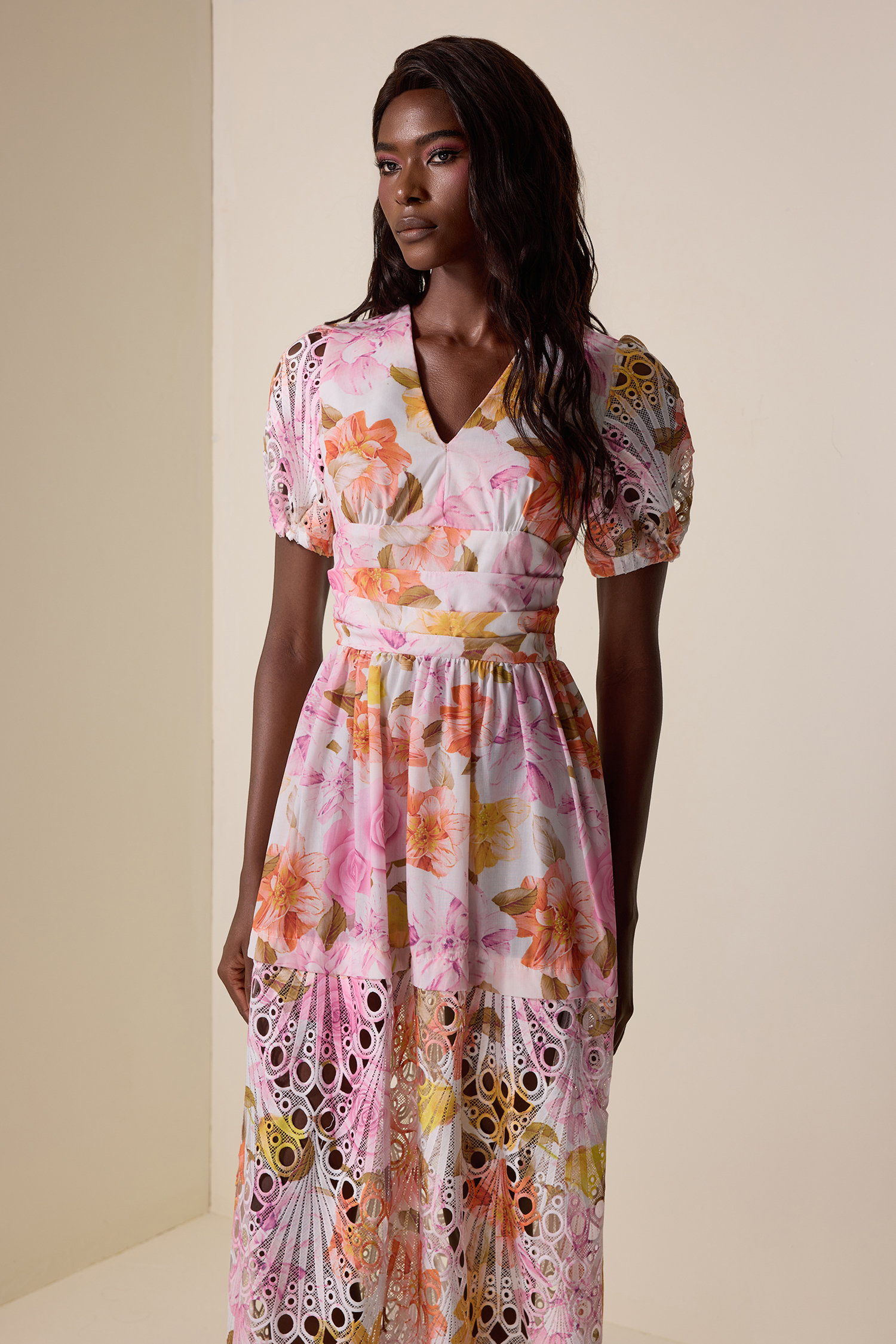 Floral Lace V-Neck Midi Dress