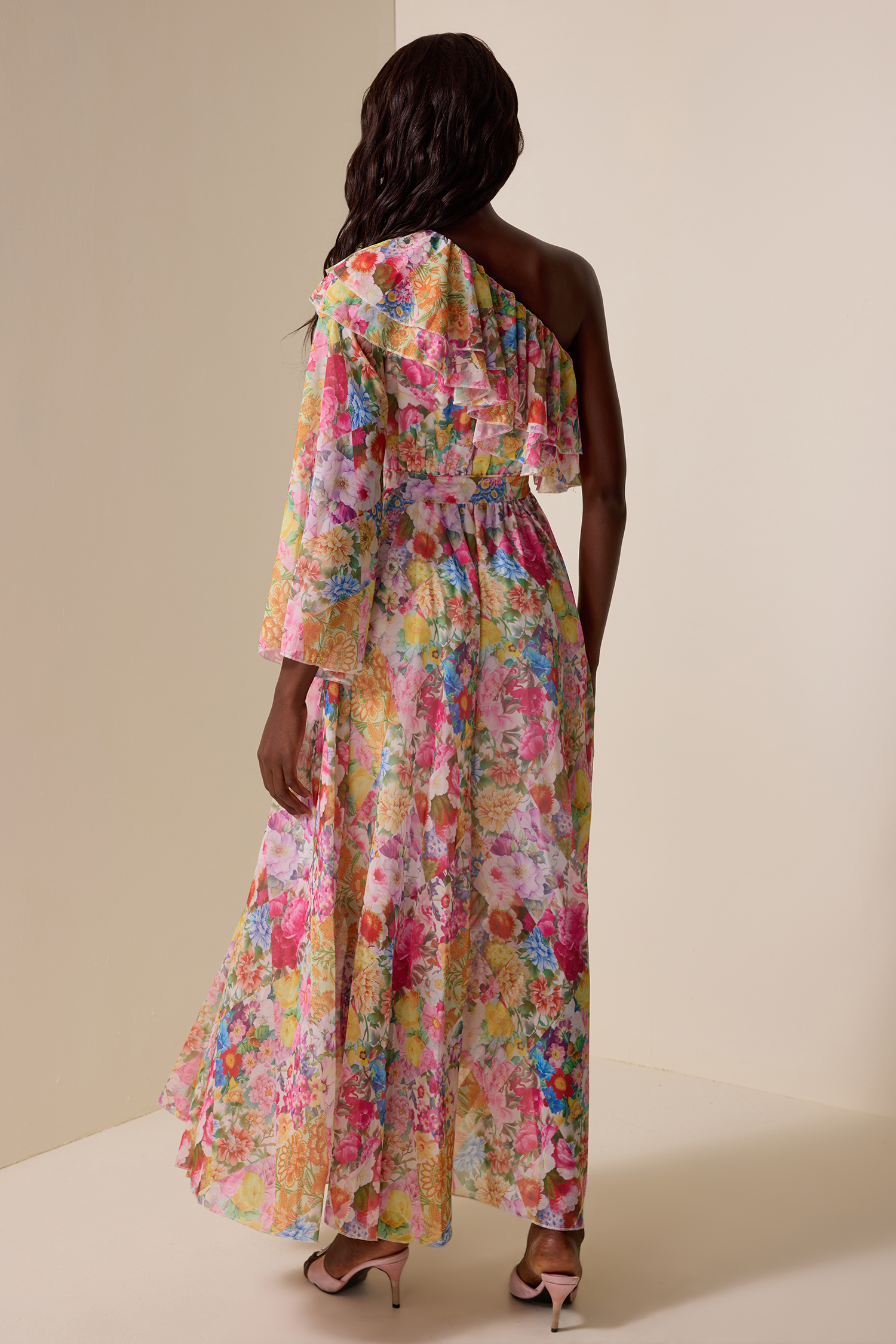 Chiffon Floral Skew Collar Maxi Dress