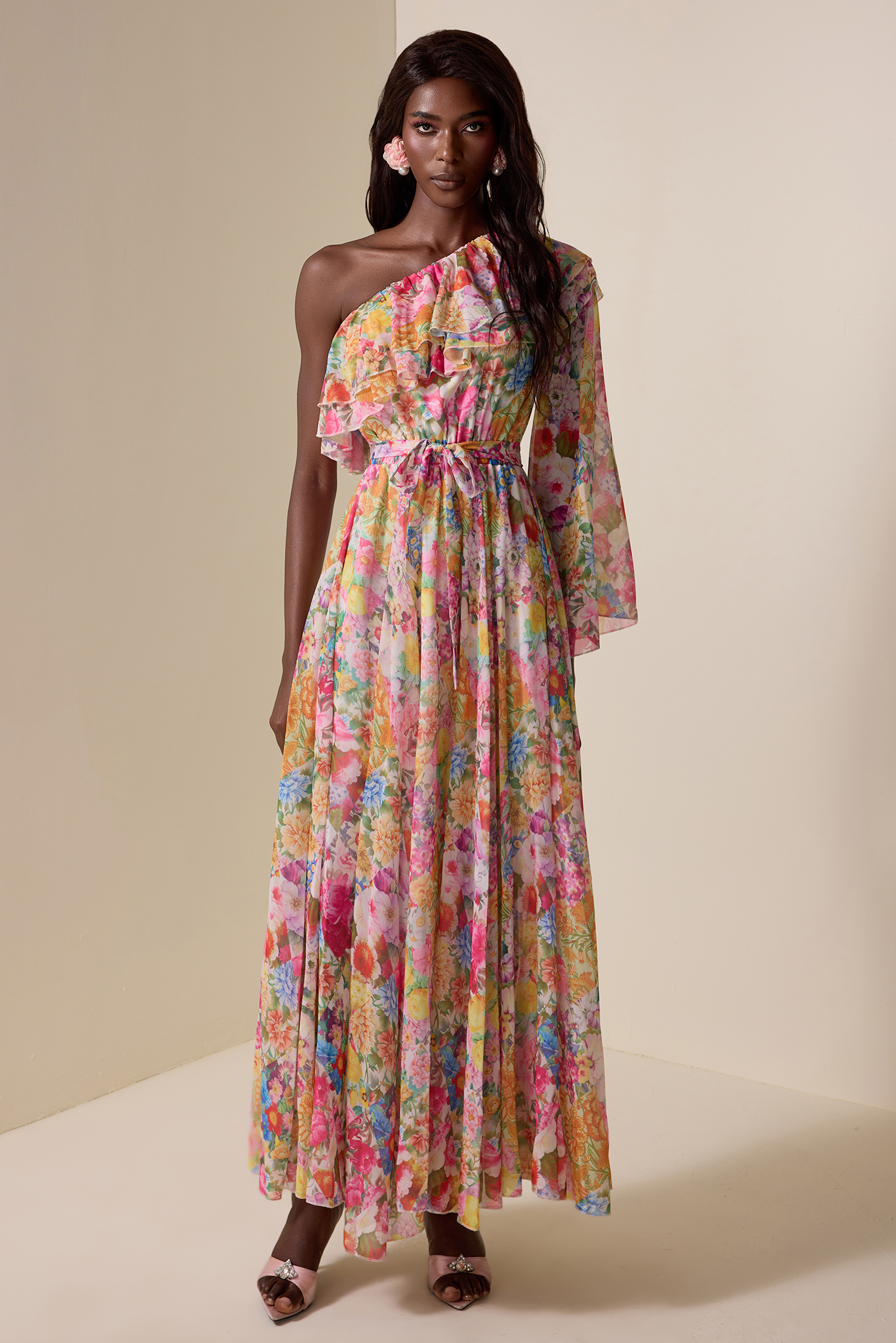 Chiffon Floral Skew Collar Maxi Dress