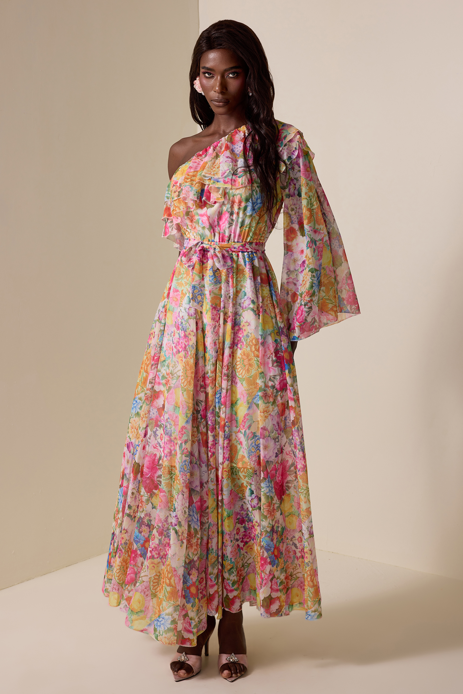 Chiffon Floral Skew Collar Maxi Dress – JardinVue
