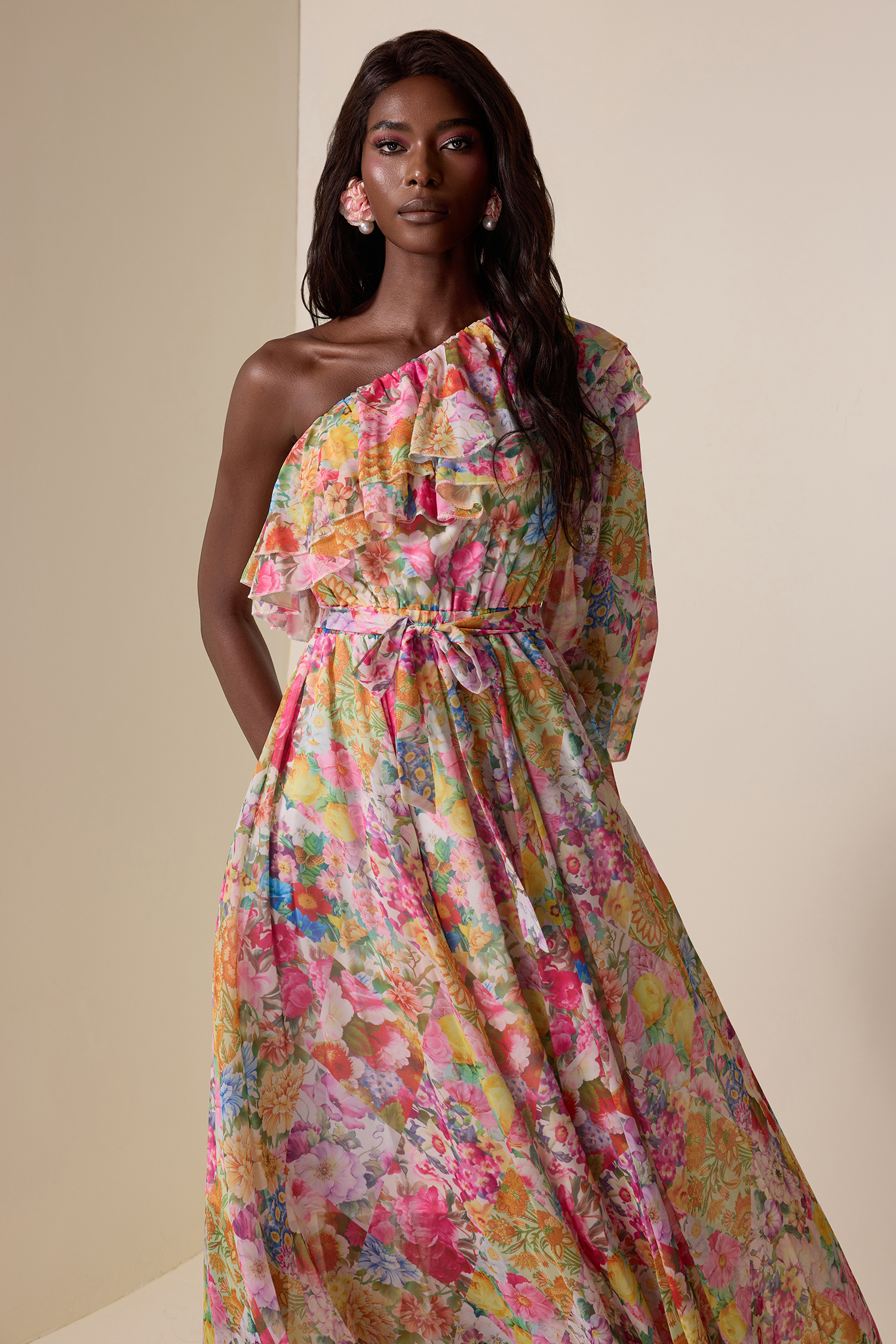 Chiffon Floral Skew Collar Maxi Dress – JardinVue
