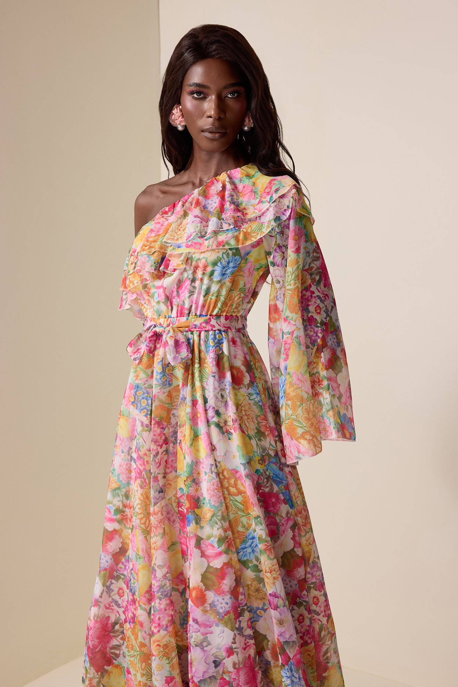 Chiffon Floral Skew Collar Maxi Dress