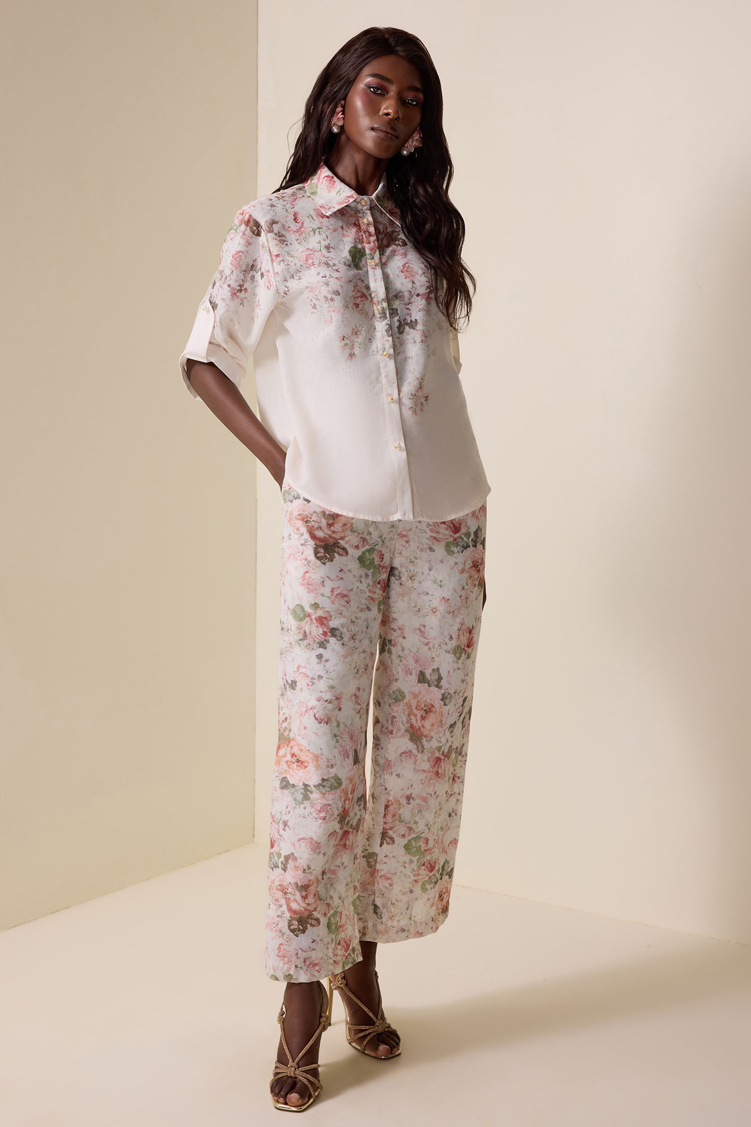 Floral Shirt Collar Long Sleeve Top & High Waist Pants Set