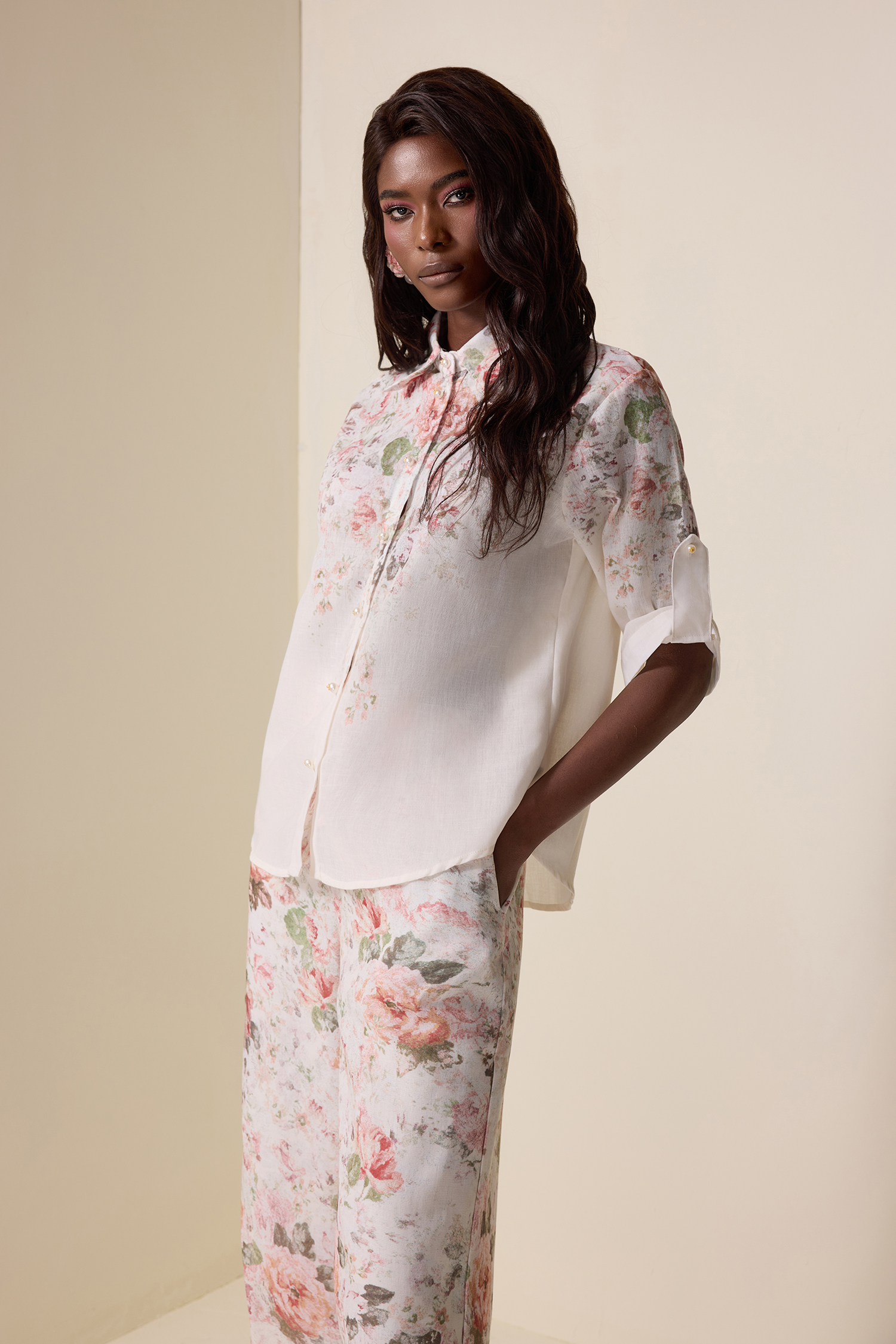 Floral Shirt Collar Long Sleeve Top & High Waist Pants Set