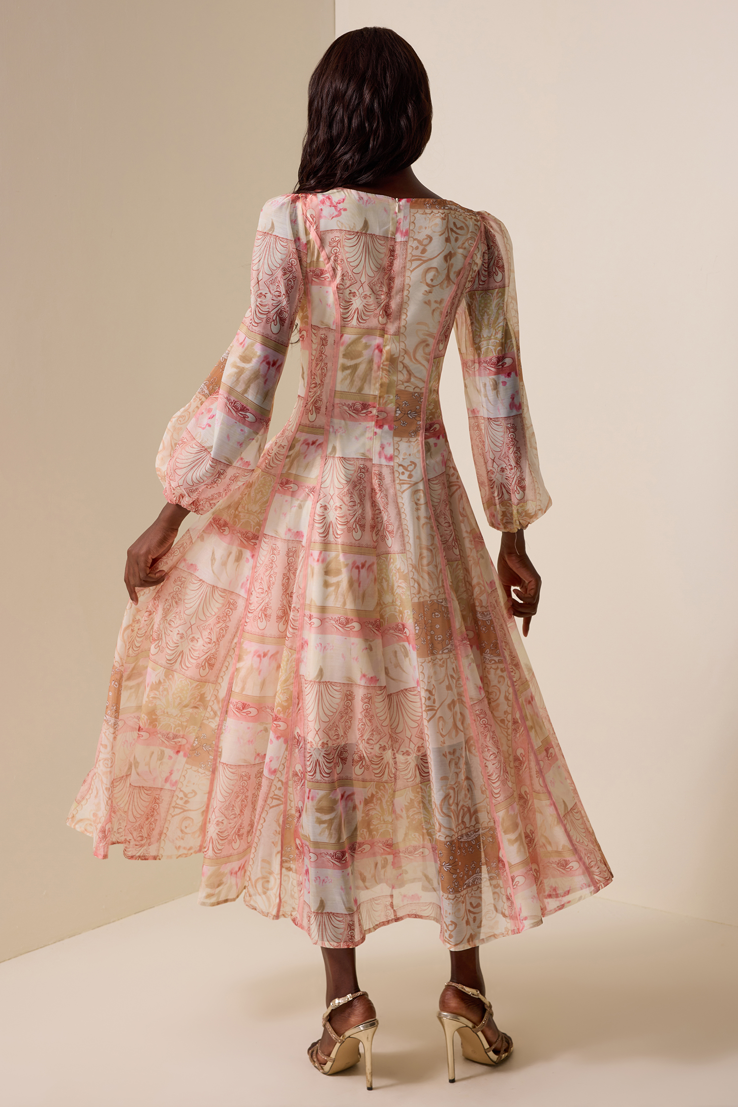 Palace Print Lantern Sleeve V-Neck Midi Dress