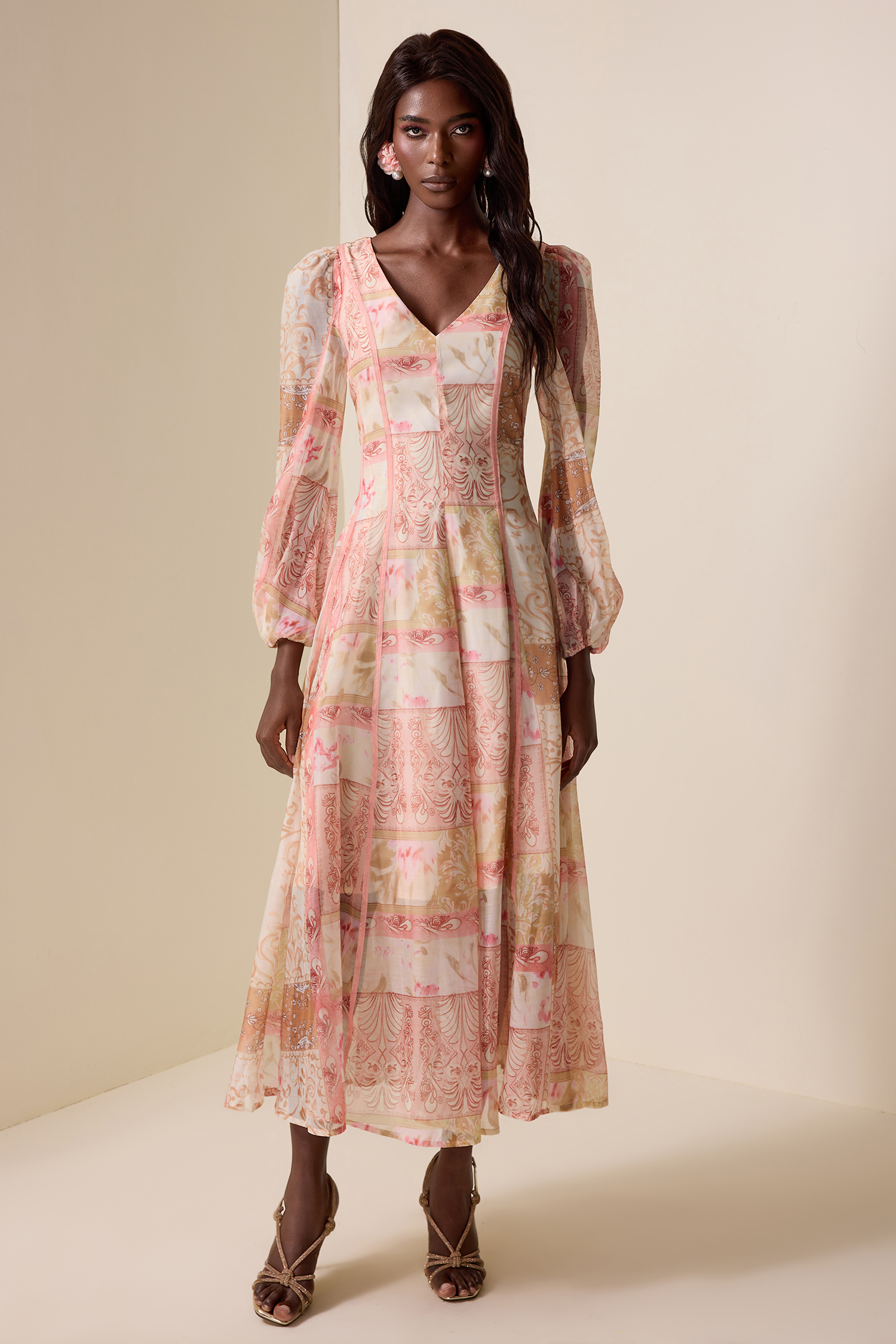 Palace Print Lantern Sleeve V-Neck Midi Dress