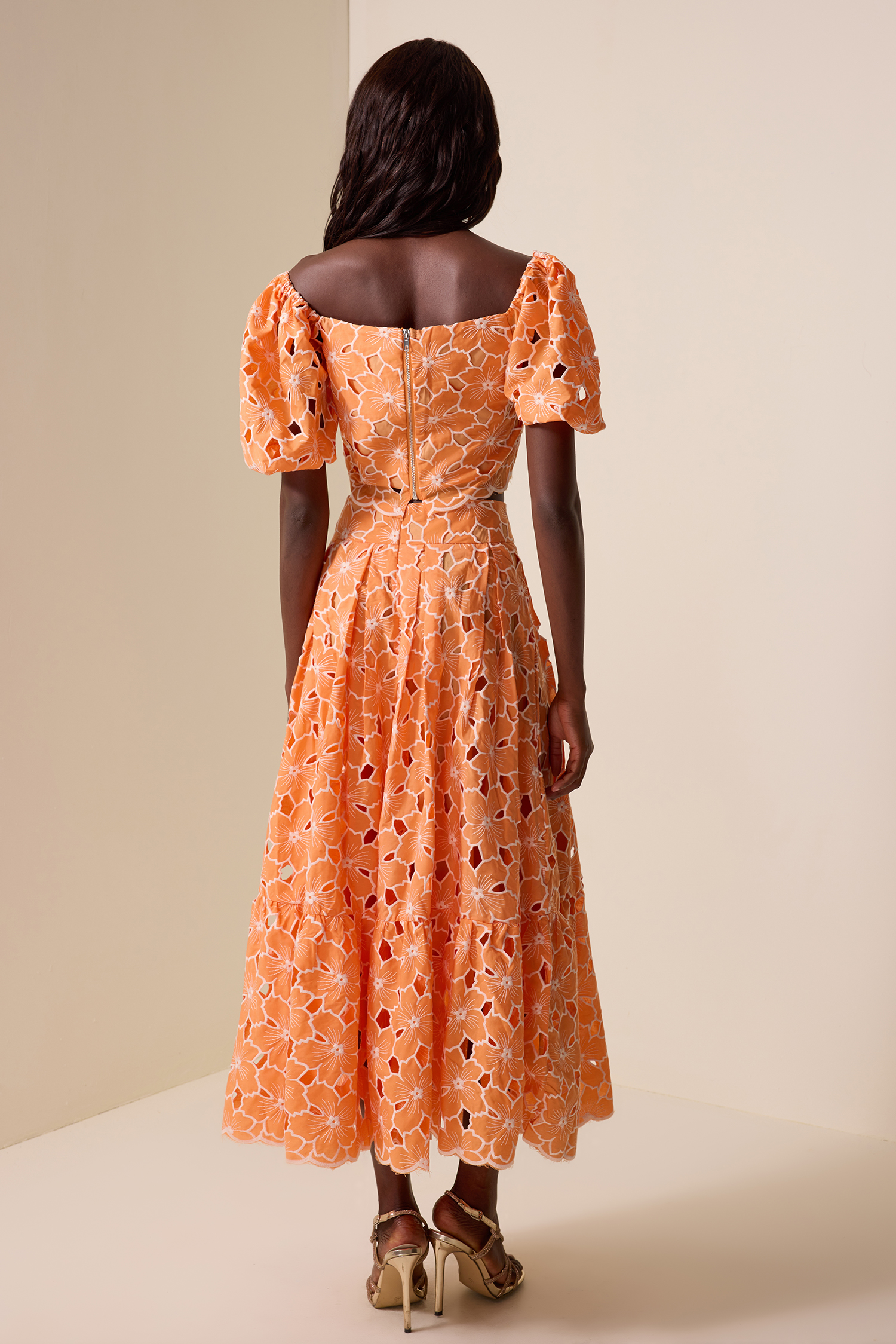 Square Collar Puff Sleeve Cut-Out Top & Maxi Skirt Set