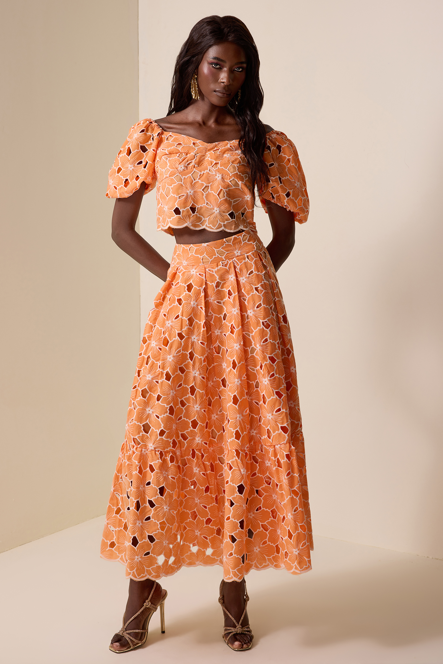 Square Collar Puff Sleeve Cut-Out Top & Maxi Skirt Set