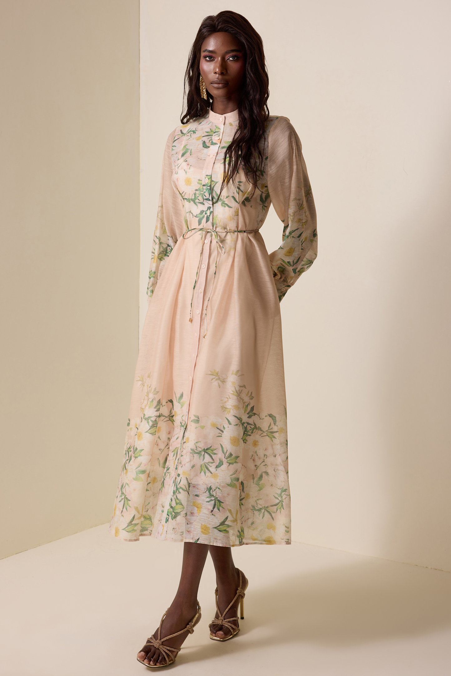 Floral Lace-Up Lantern Sleeve Midi Dress