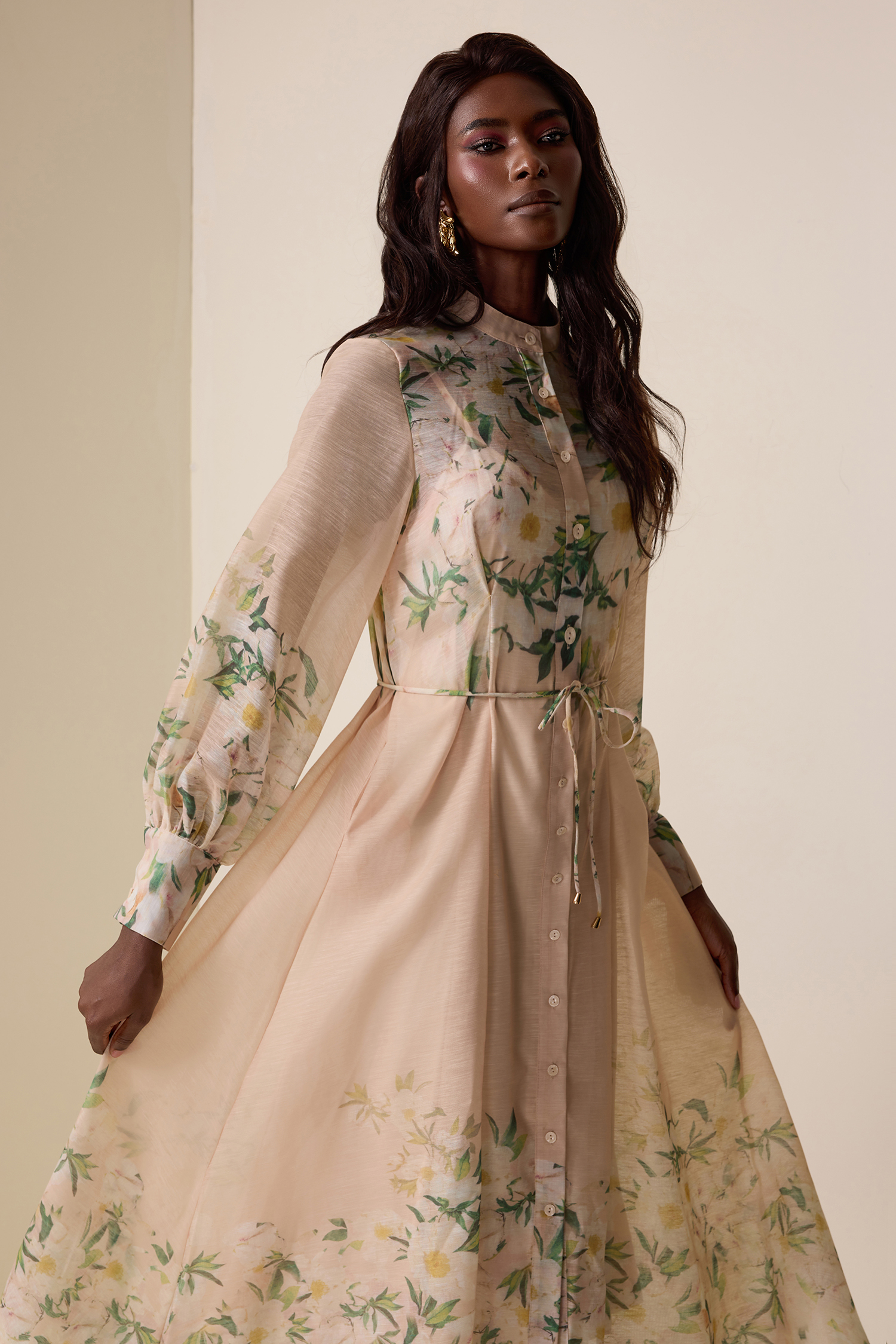 Floral Lace-Up Lantern Sleeve Midi Dress
